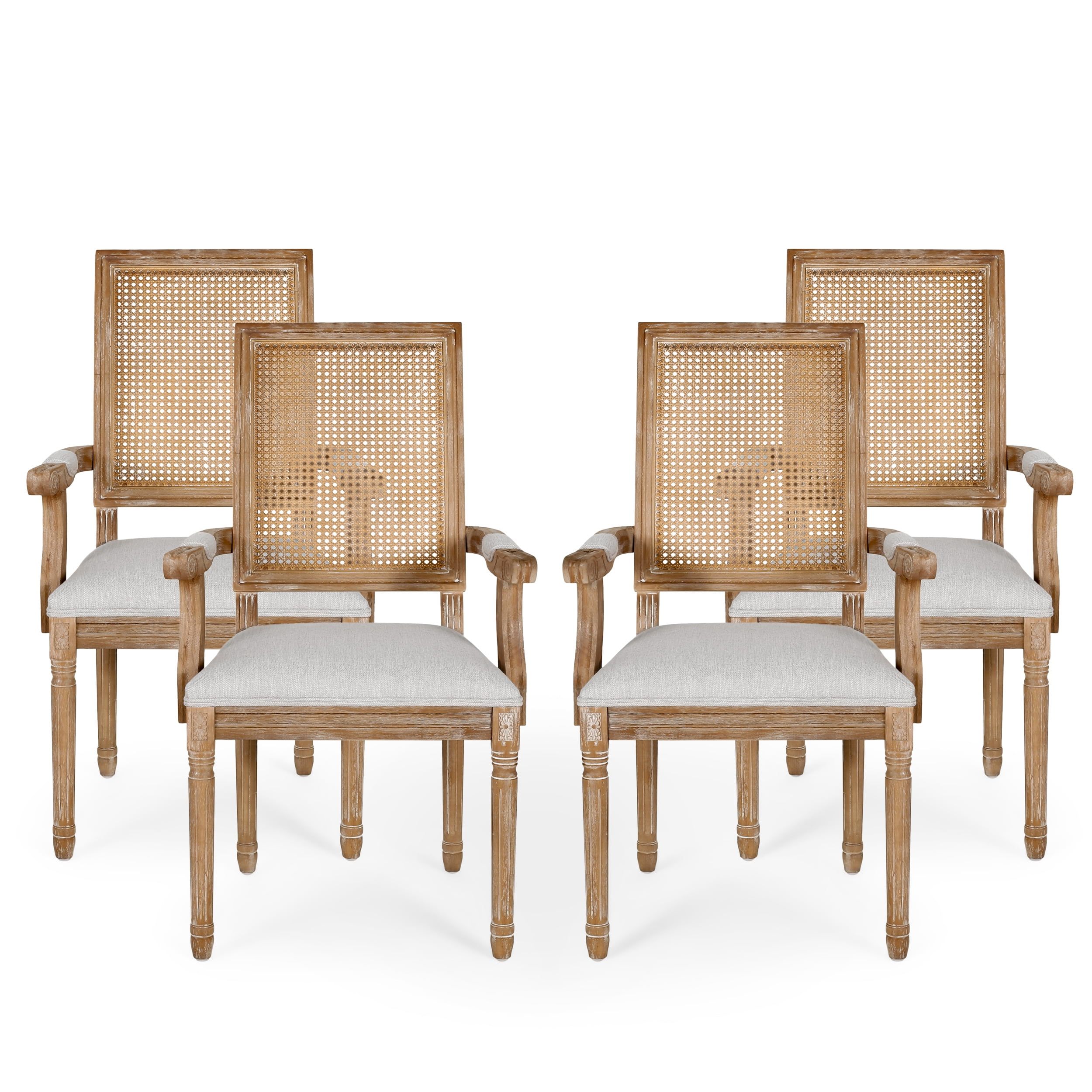 Light Gray Upholstered Wood and Cane Arm Chair Set