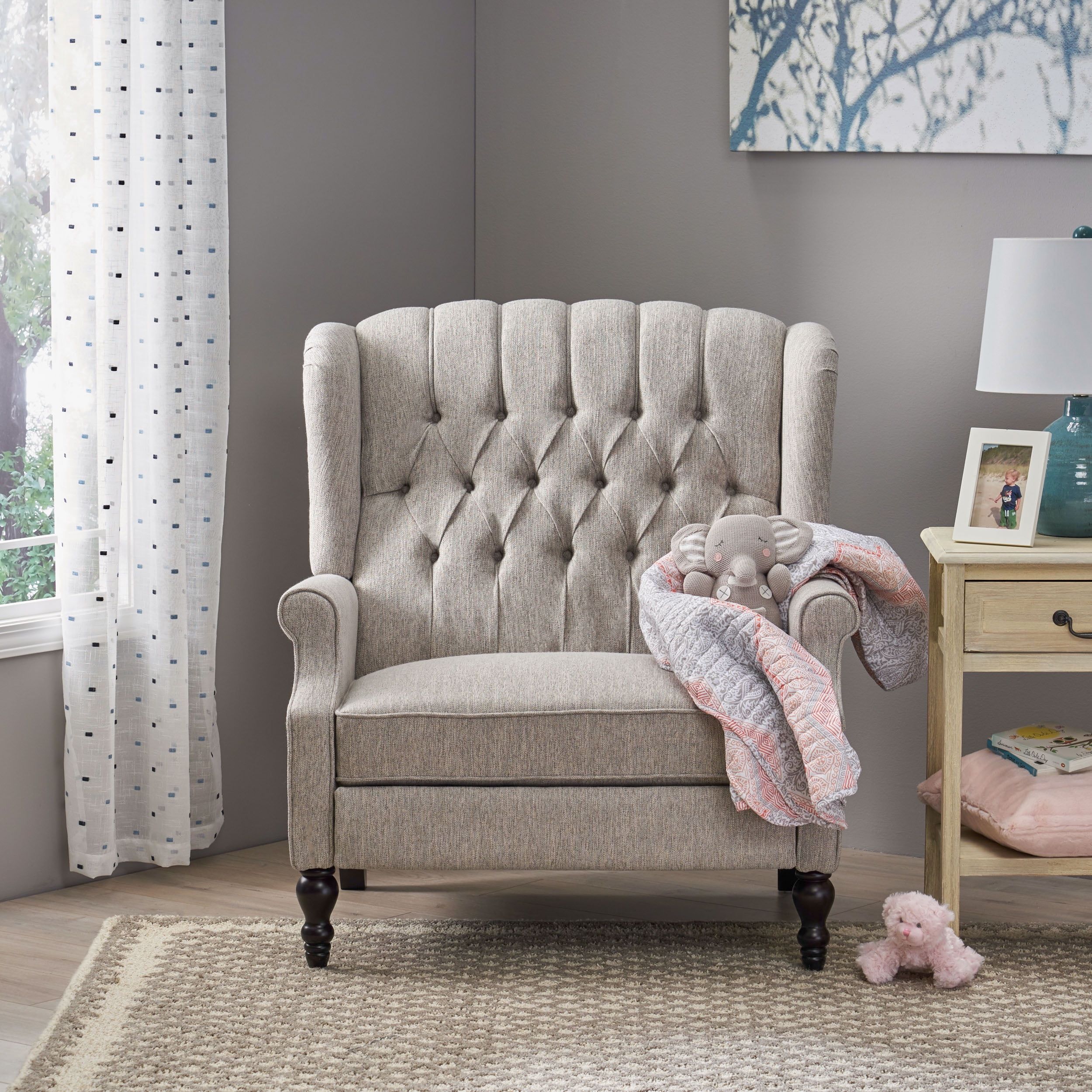 Light Gray Tufted Fabric Push Back Recliner with Wood Legs