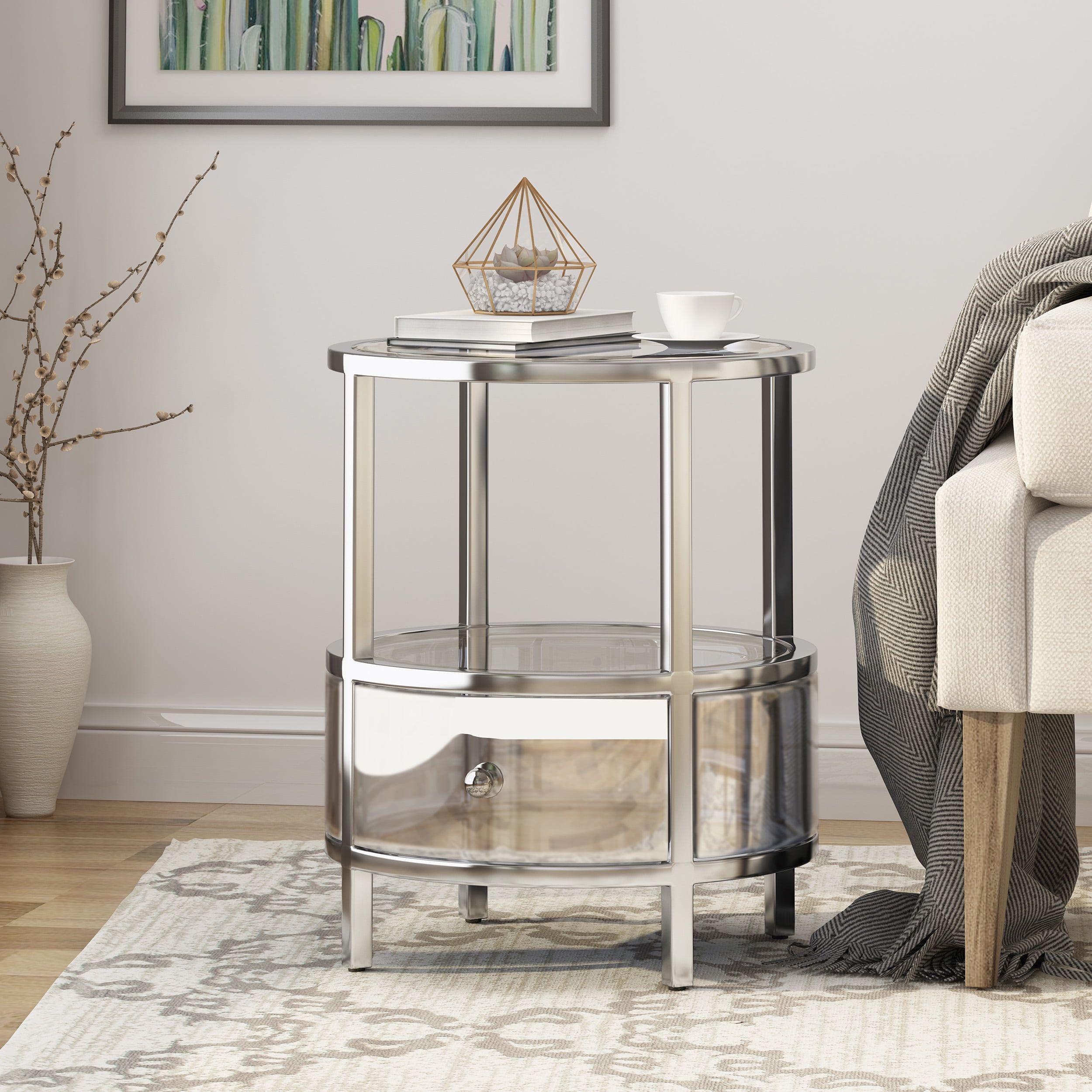 Modern Glam Round Mirrored End Table with Glass Top and Silver Frame