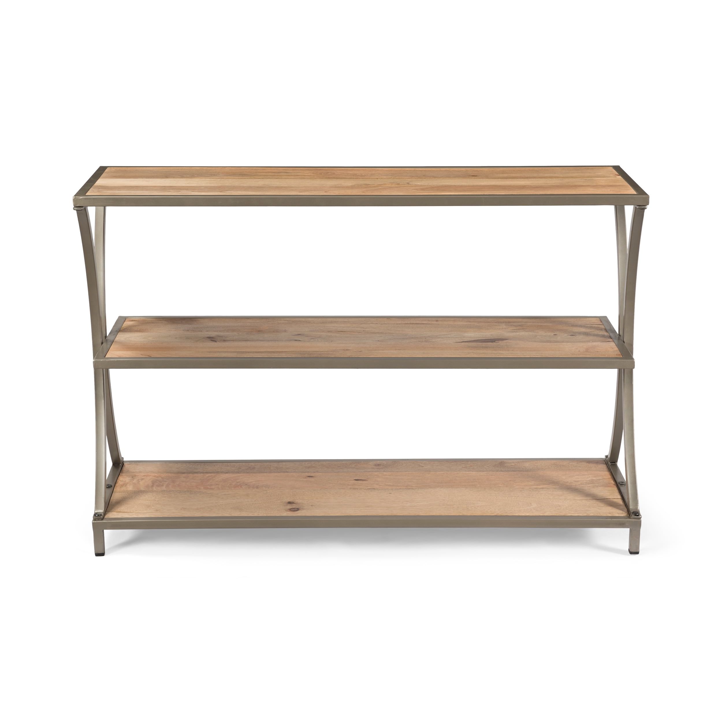 Sleek Silver Iron and Natural Mango Wood Console Table with Storage