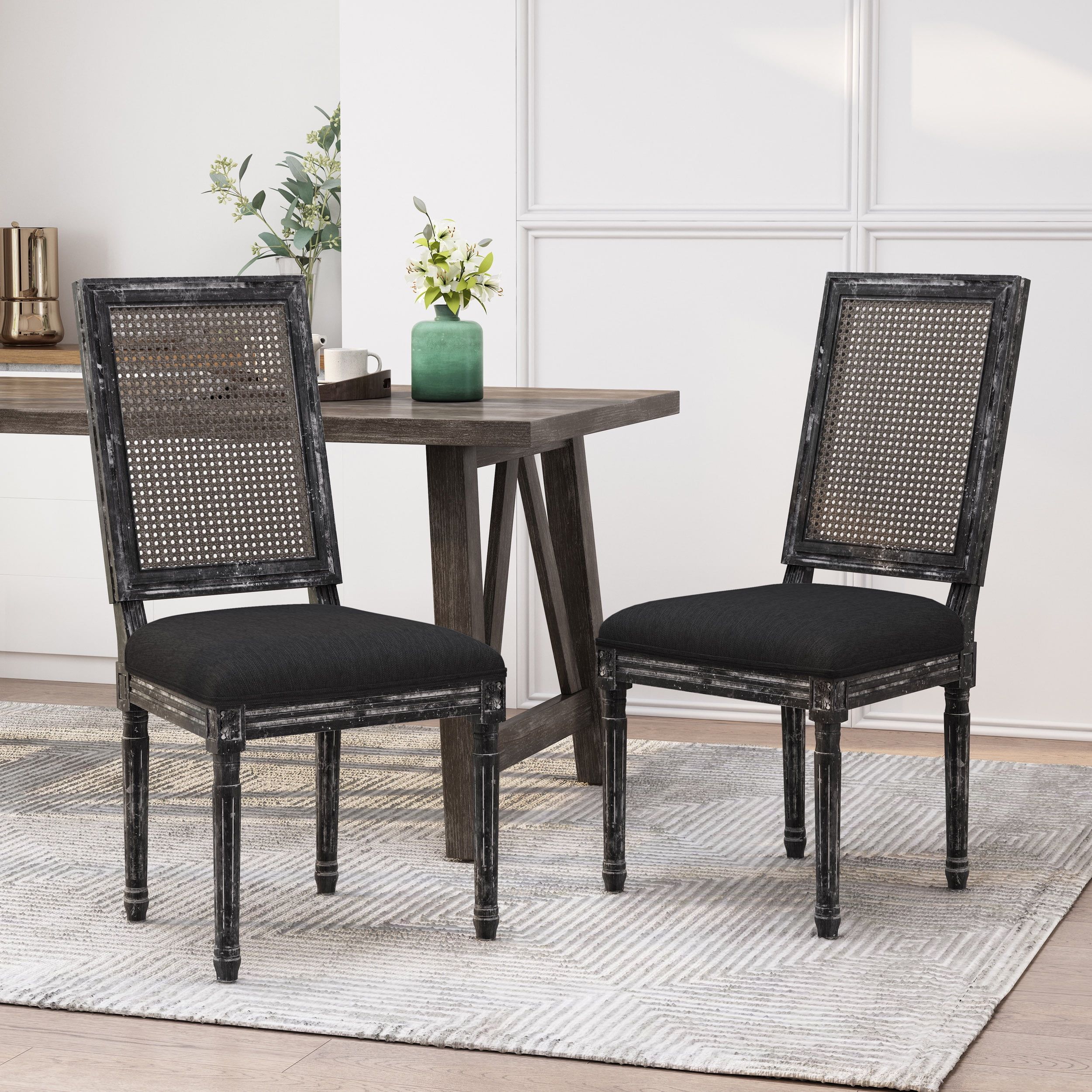 Black Upholstered Cane Back Rubberwood Dining Side Chair Set