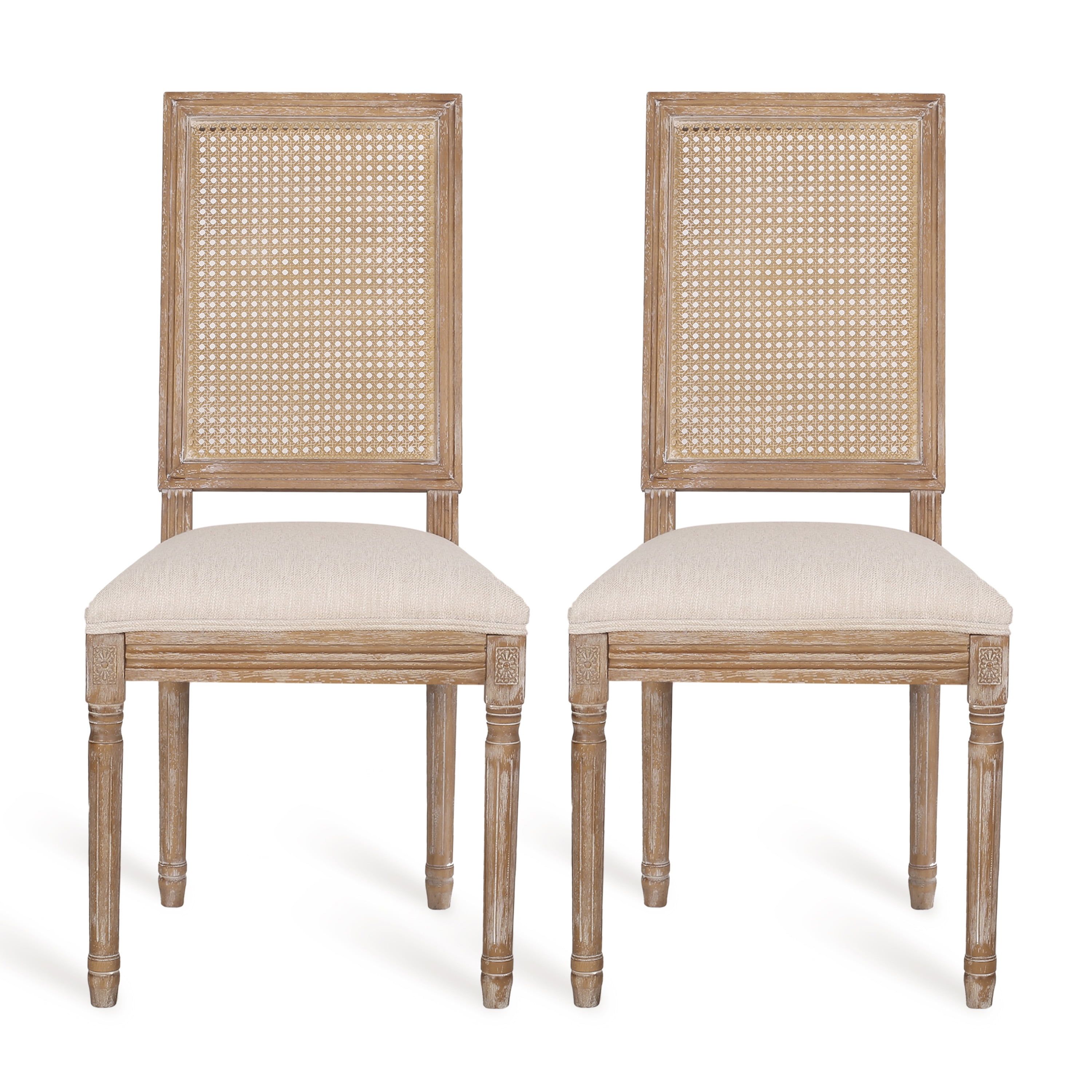 Elegant Beige Parsons Side Chair with Cane Backrest and Fluted Legs, Set of 2