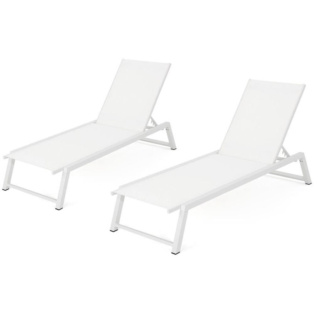 White Mesh and Aluminum Outdoor Chaise Lounge Set of 2