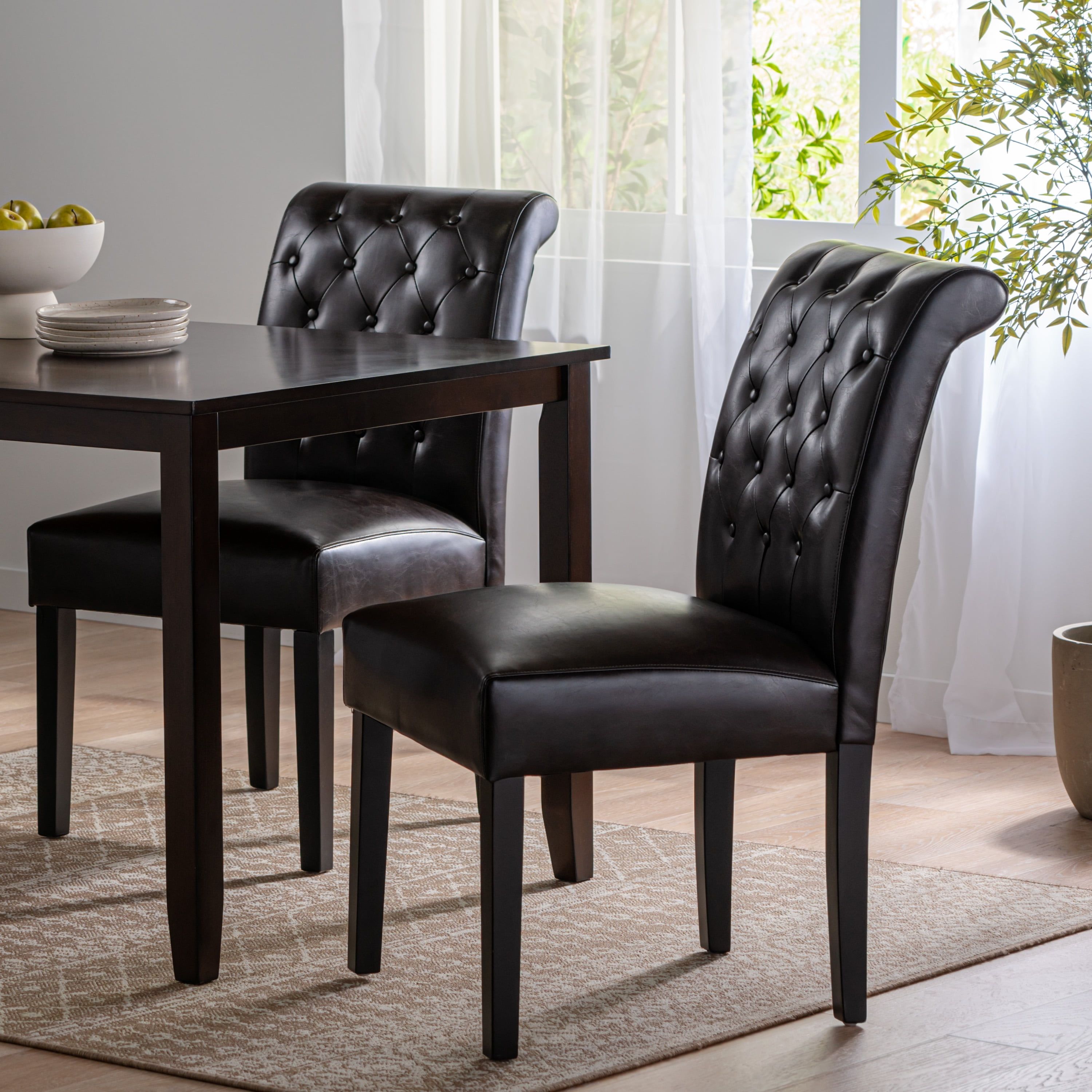 Brown Faux Leather Tufted Dining Side Chairs with Birch Wood Legs