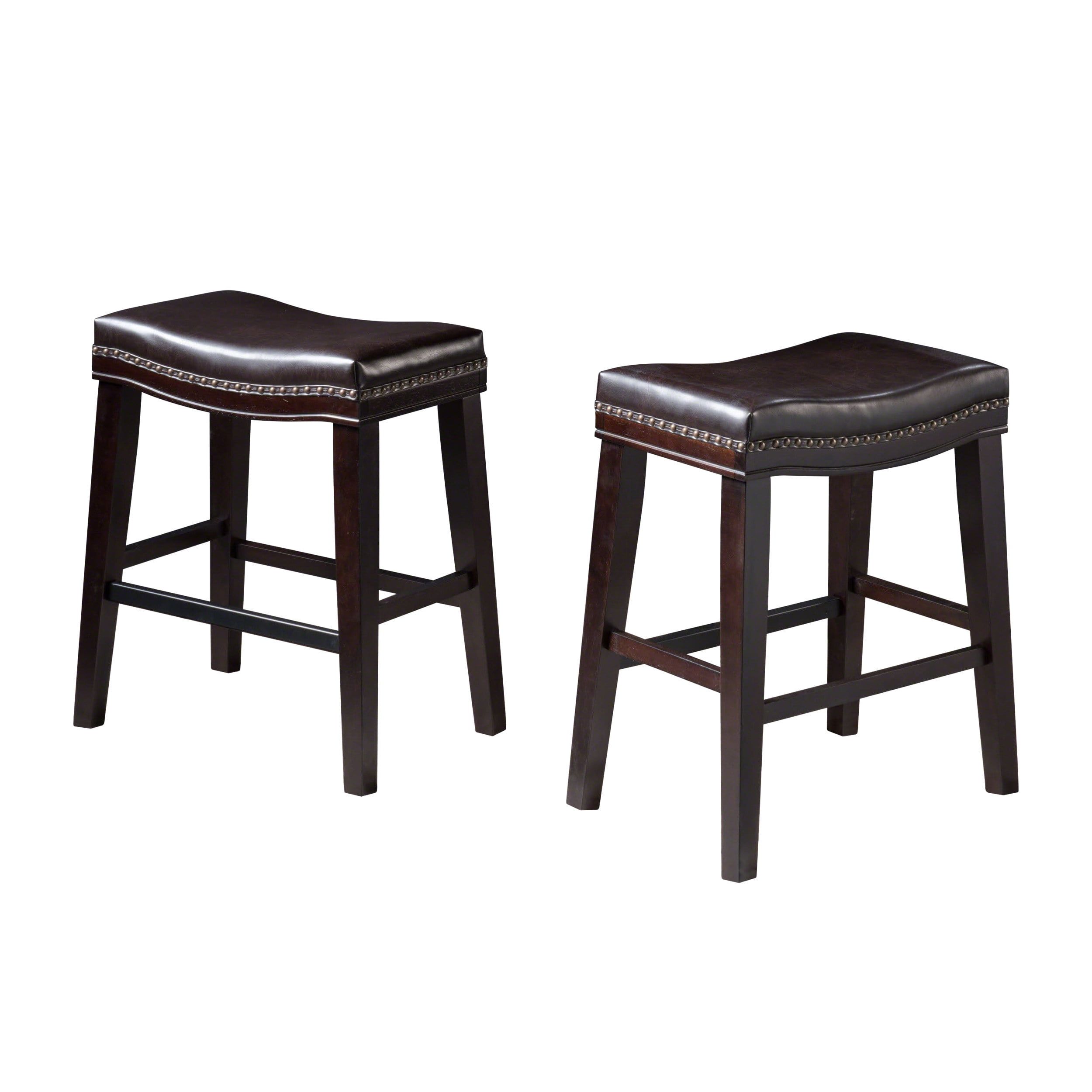 Brown Wood Saddle Counter Stools with Dark Brown Upholstered Seat, Set of 2