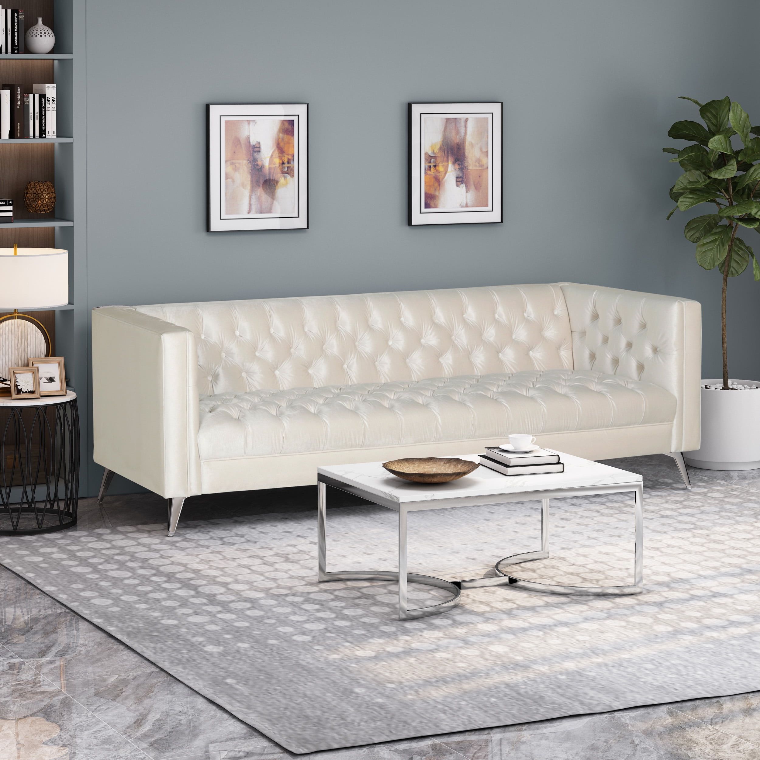 Beige Velvet Tufted Tuxedo 3-Seater Sofa with Wood Frame