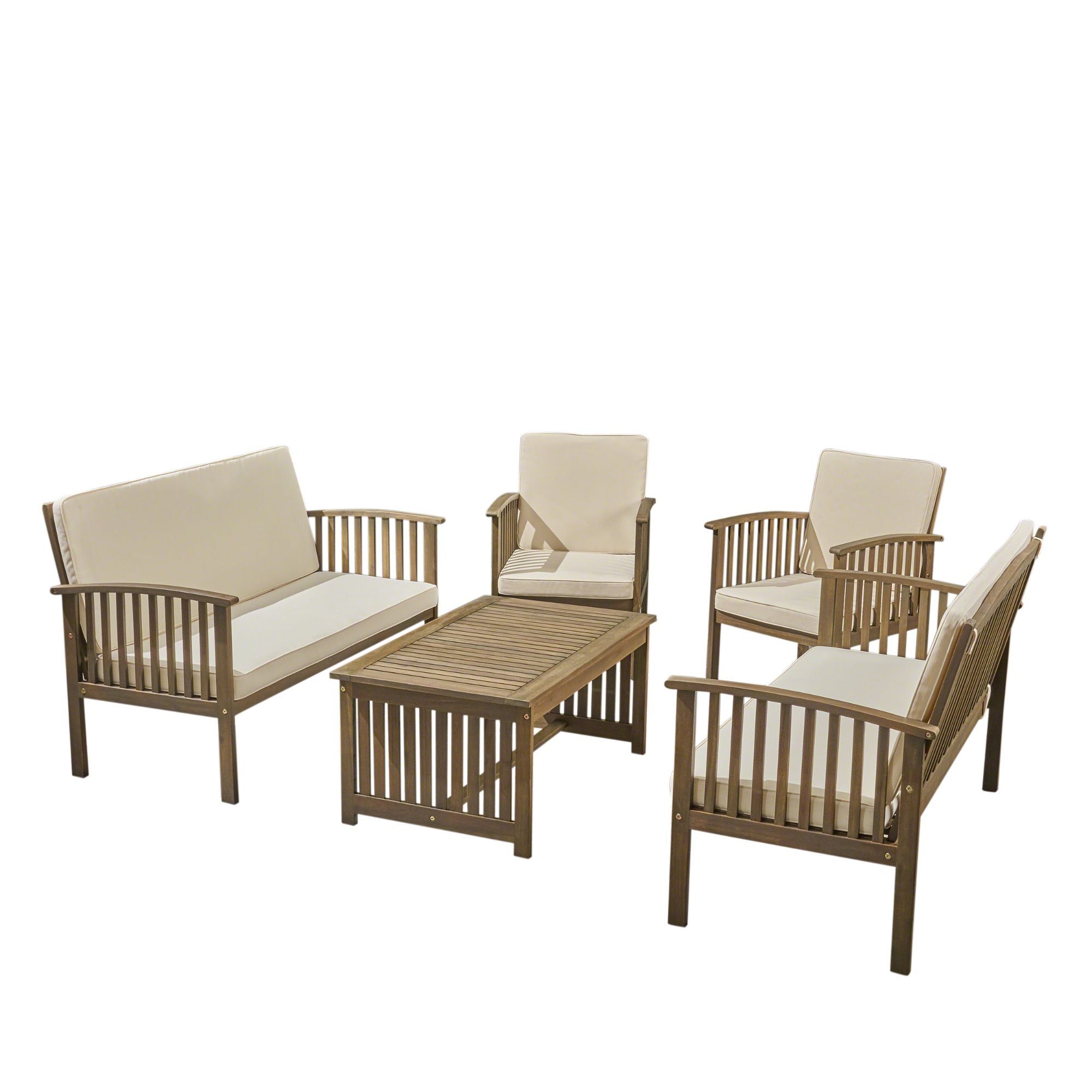 Gray and Cream 5-Piece Acacia Wood Outdoor Sofa Set