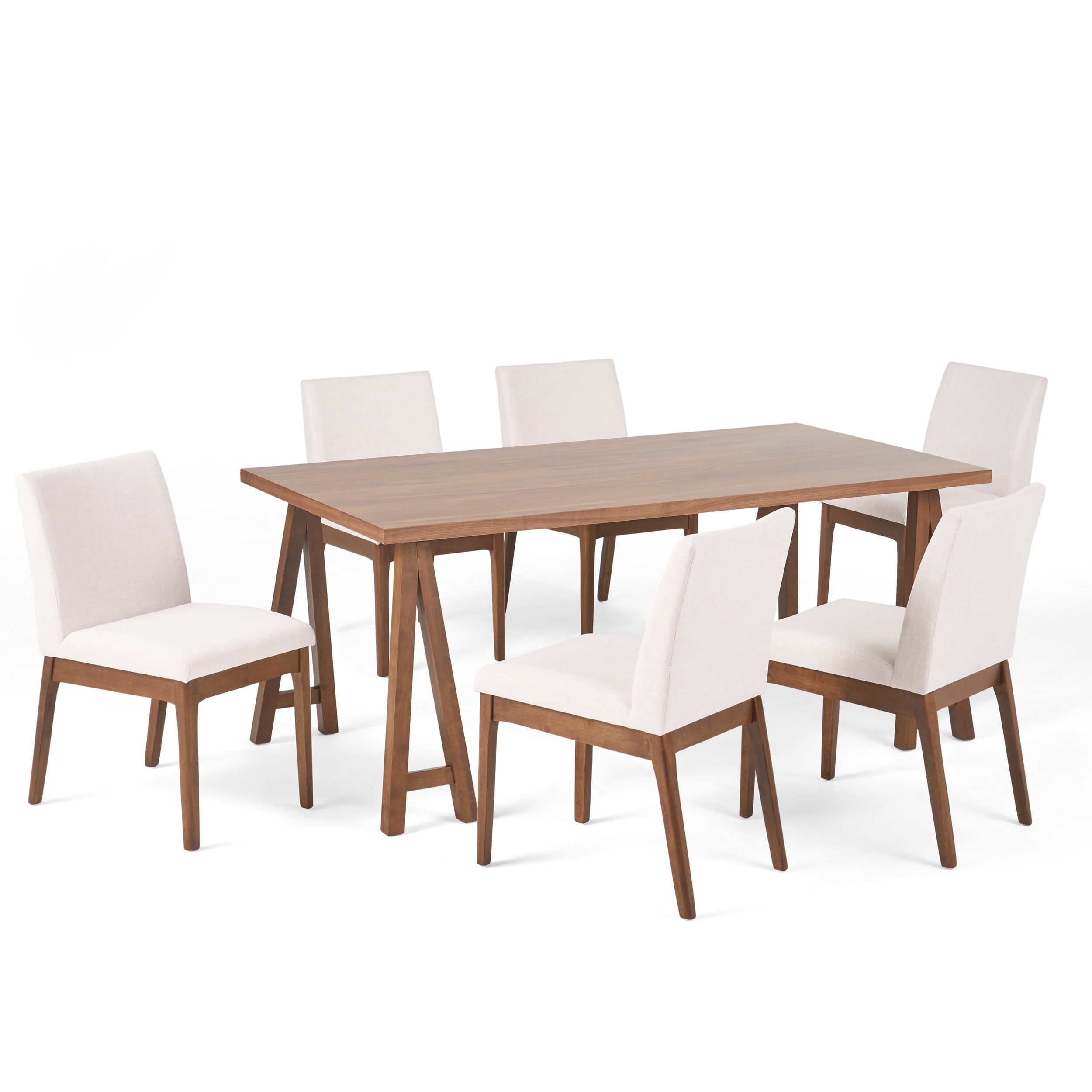 Walnut and Light Beige 7-Piece Mid-Century Modern Dining Set