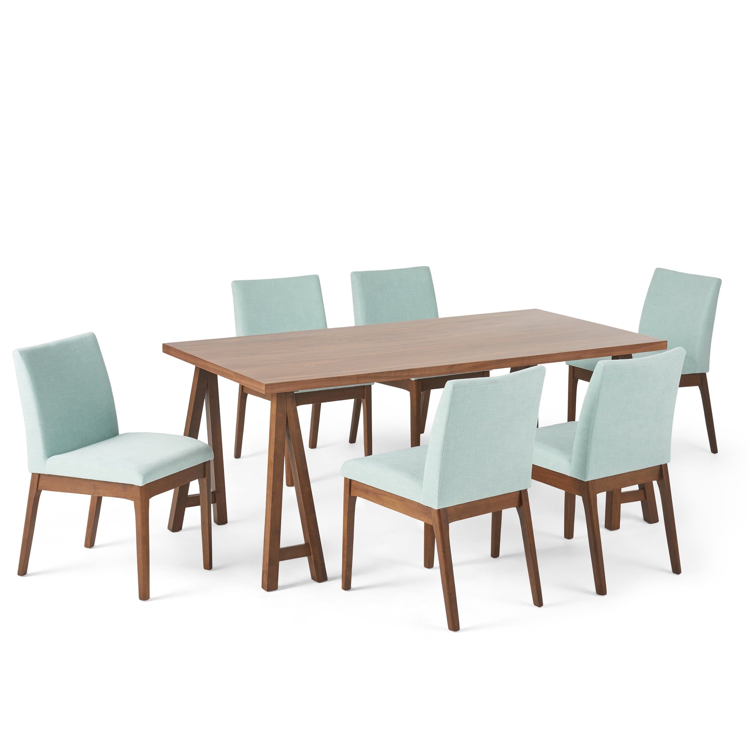 Elegant Mint Green & Walnut Wood 7-Piece Dining Set with Upholstered Chairs