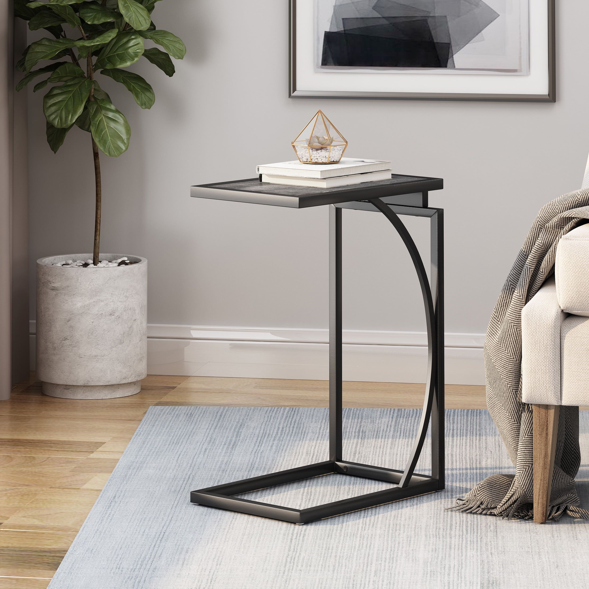 Gray and Pewter Fir Wood Top C-Shaped End Table