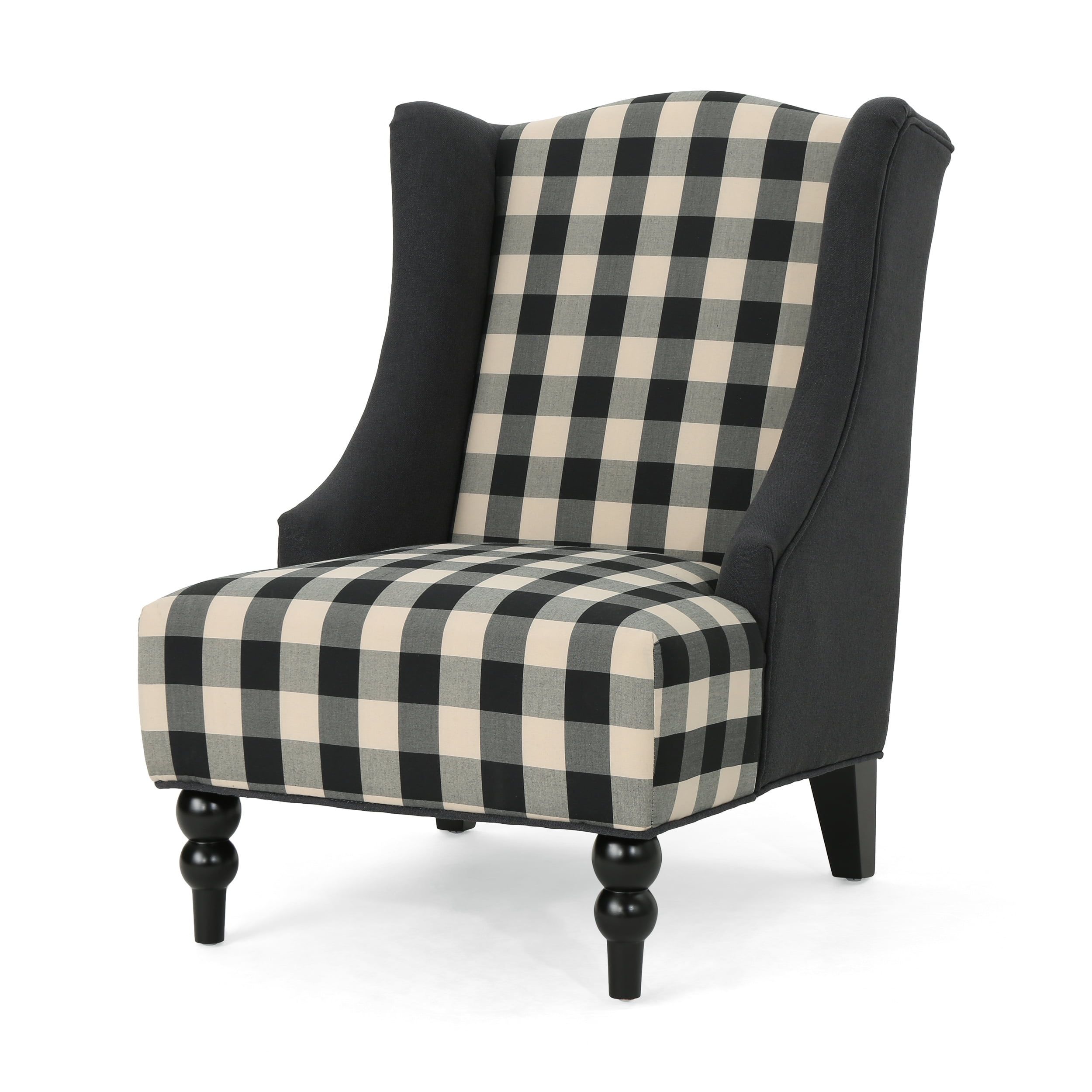 Handcrafted Black and Beige Plaid Wood Club Accent Chair