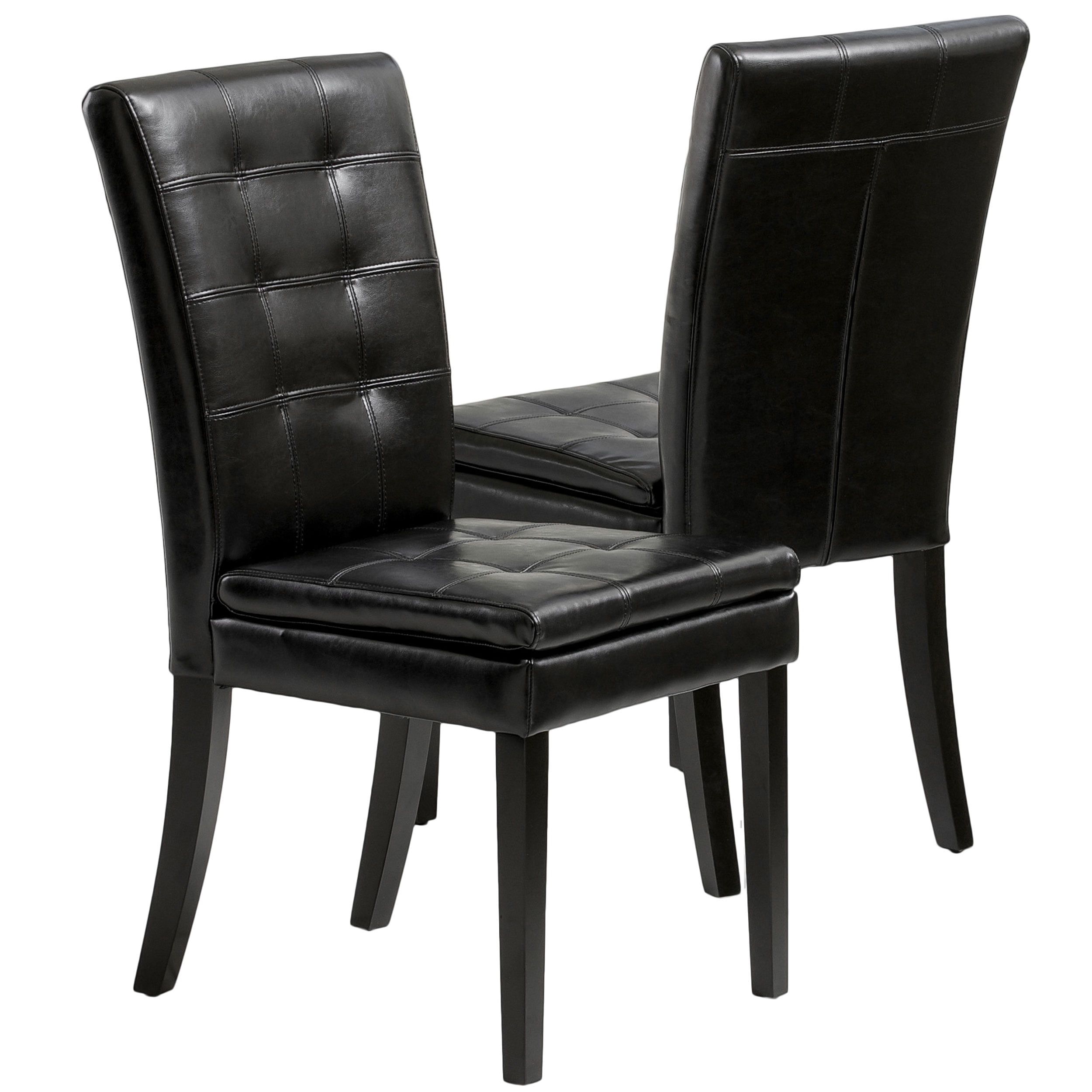 Black Bonded Leather Tufted Dining Chairs with Wood Legs, Set of 2