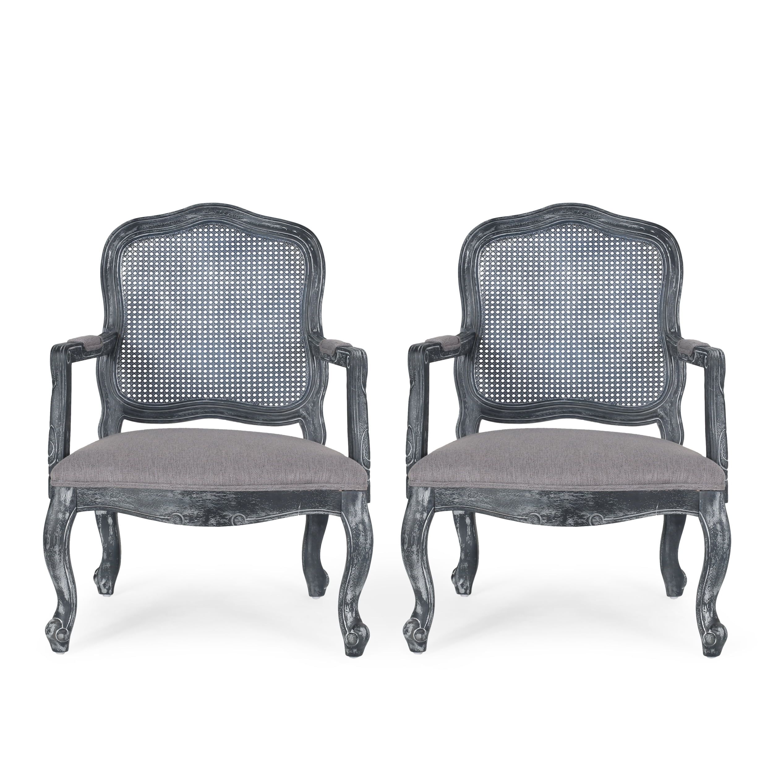 Weathered Gray Wood and Cane High Back Arm Chair, Set of 2