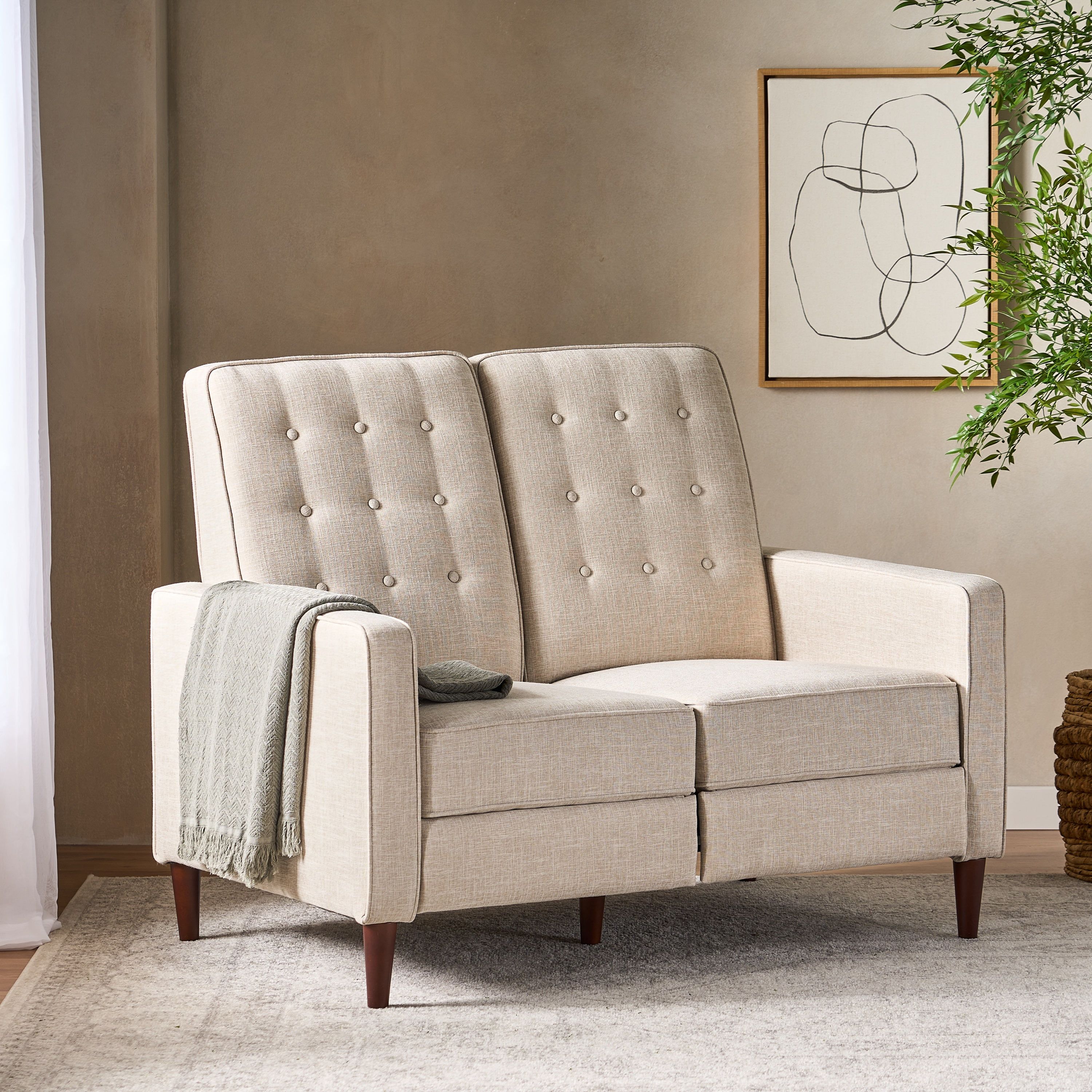 Wheat Fabric Tufted Loveseat Recliner with Dark Espresso Wood Legs
