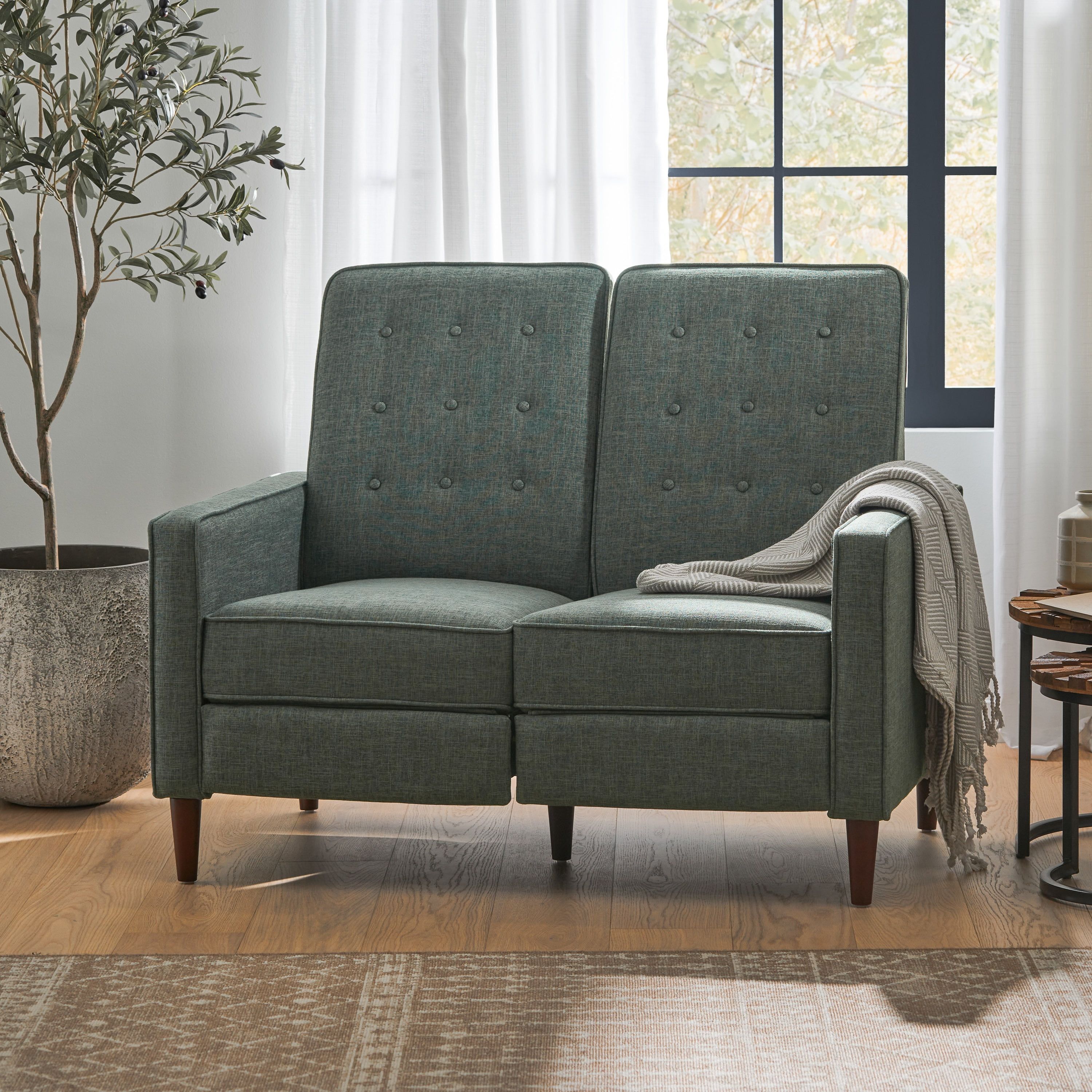 Gray Fabric Tufted Loveseat Recliner with Dark Espresso Wood Legs