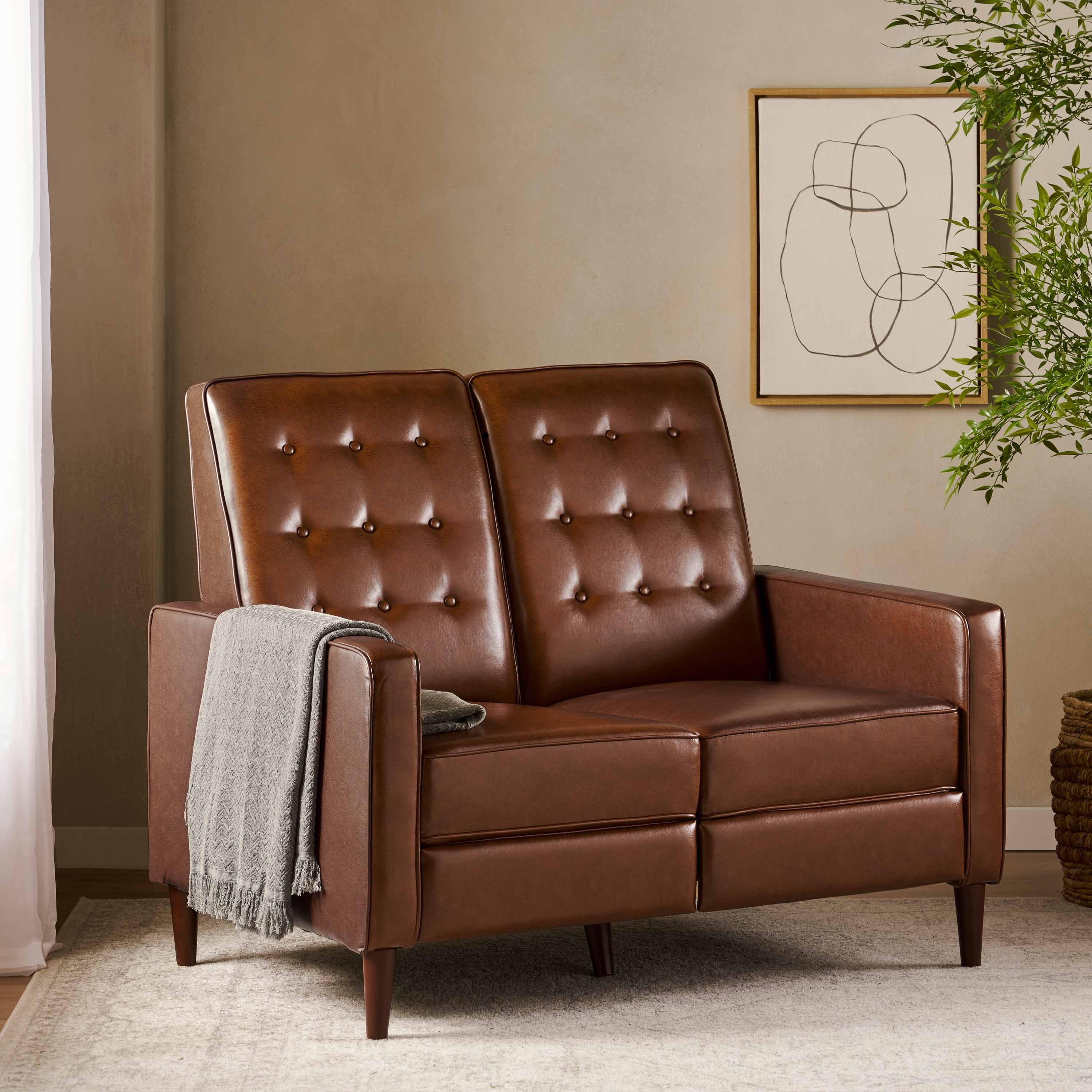 Cognac Brown Faux Leather Tufted Loveseat with Espresso Wood Accents