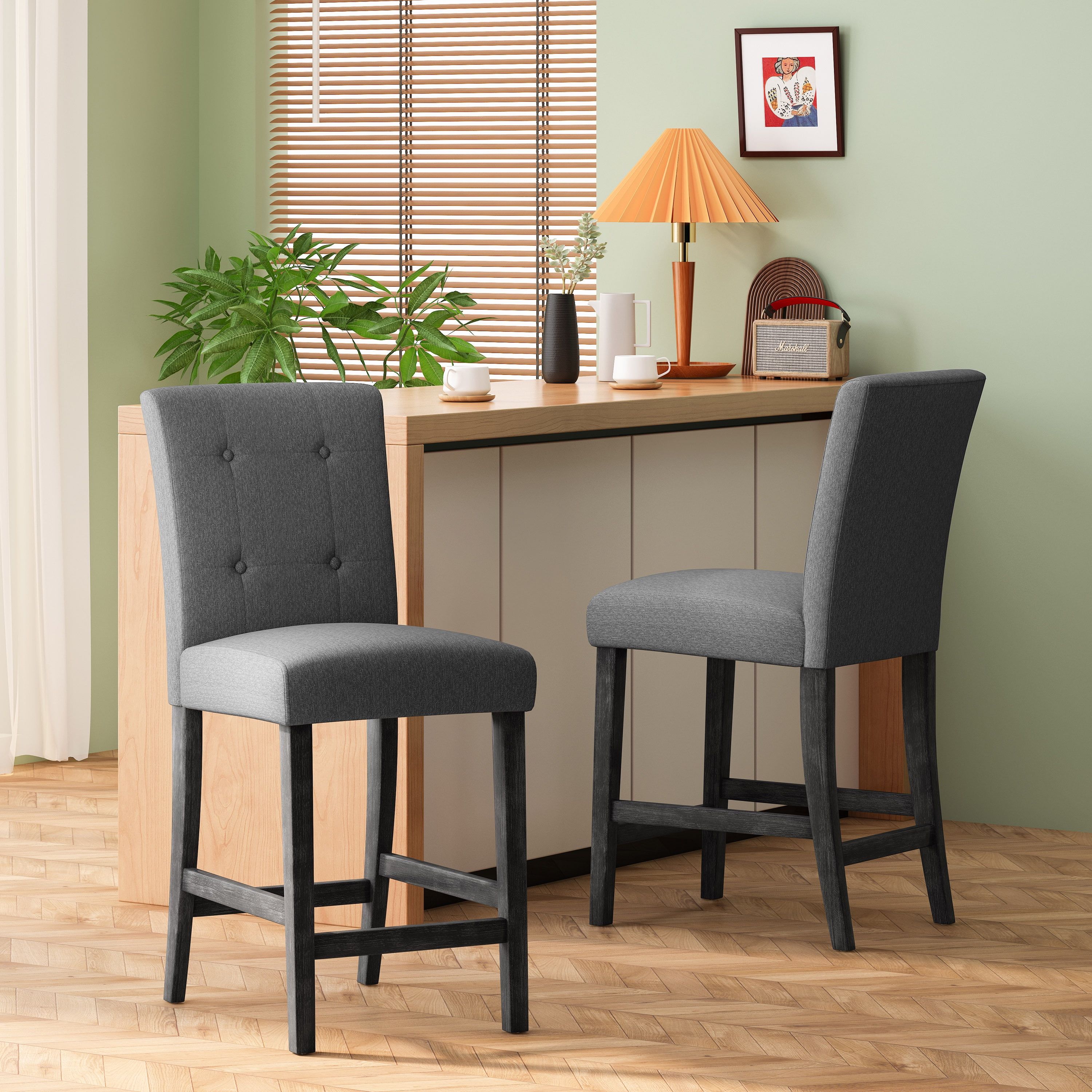 Charcoal and Gray Extra Tall Button Tufted Wood Counter Stools, Set of 2