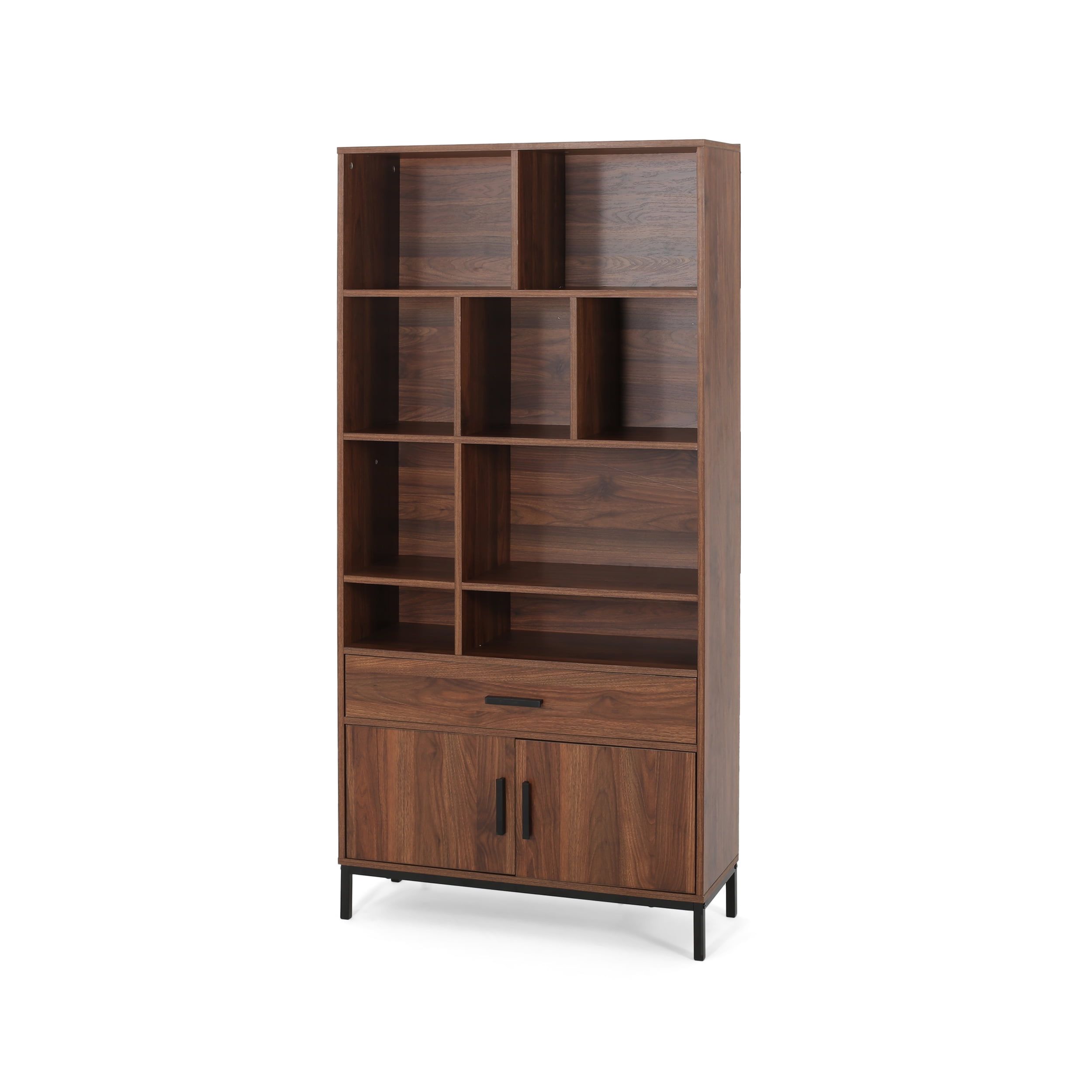 Walnut and Black Medium Wood Cube Bookcase with Doors