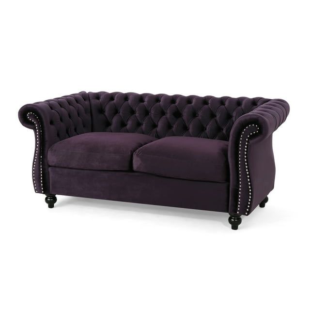 Blackberry Velvet Tufted Chesterfield Loveseat with Birch Legs