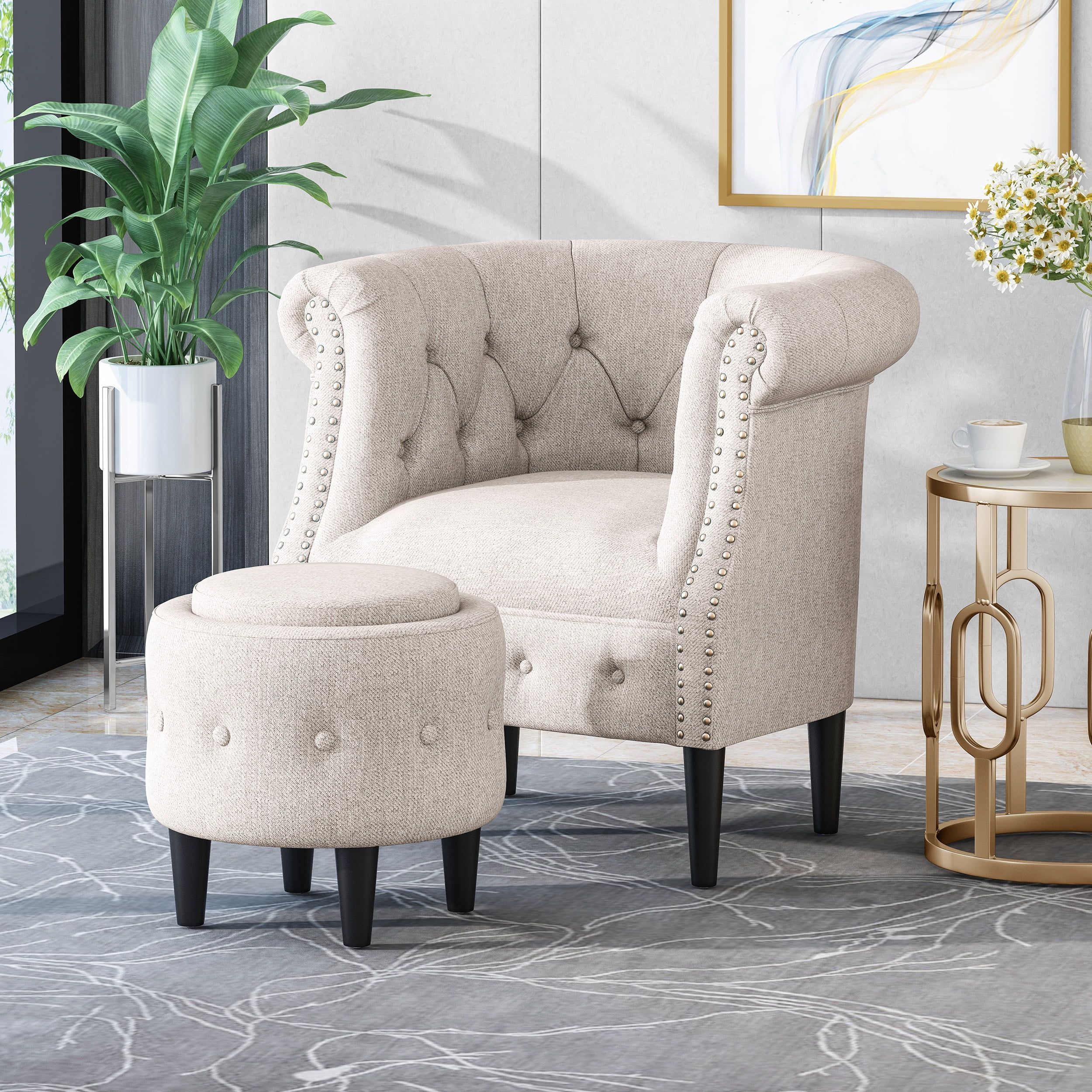 Beige Tufted Fabric Club Chair with Ottoman