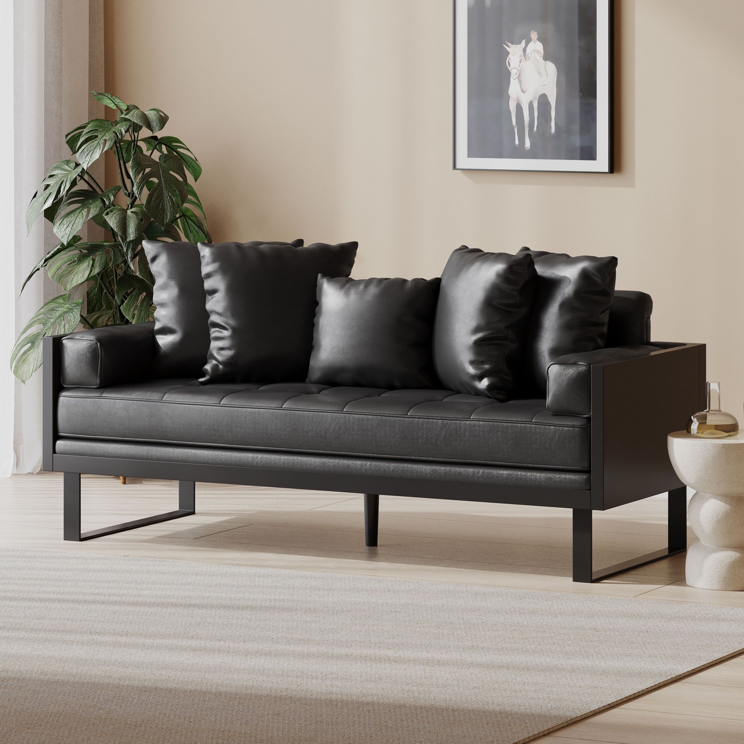 Midnight Black Faux Leather Tufted 2-Seat Loveseat