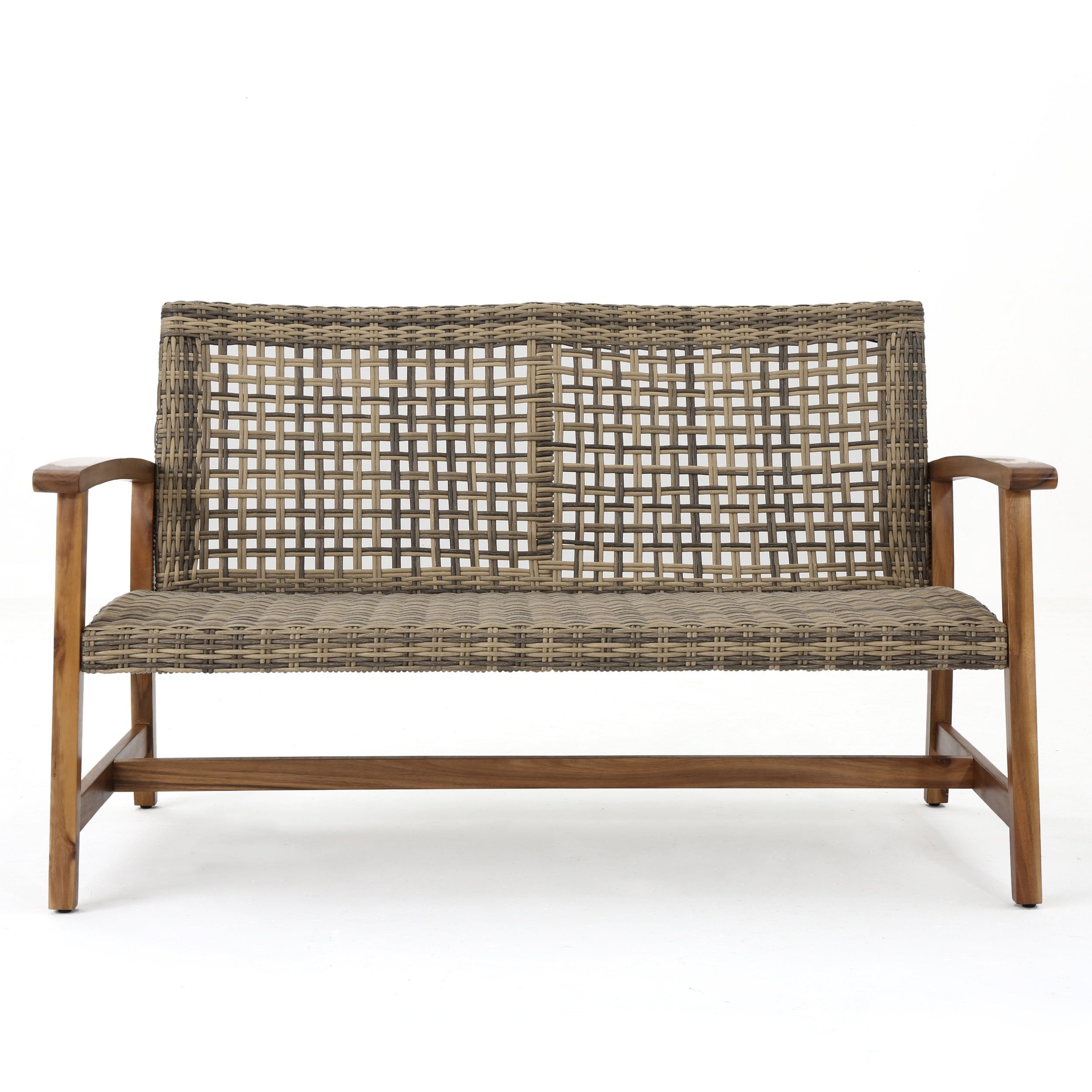 Natural Stained Wood and Wicker Outdoor Loveseat with Arms