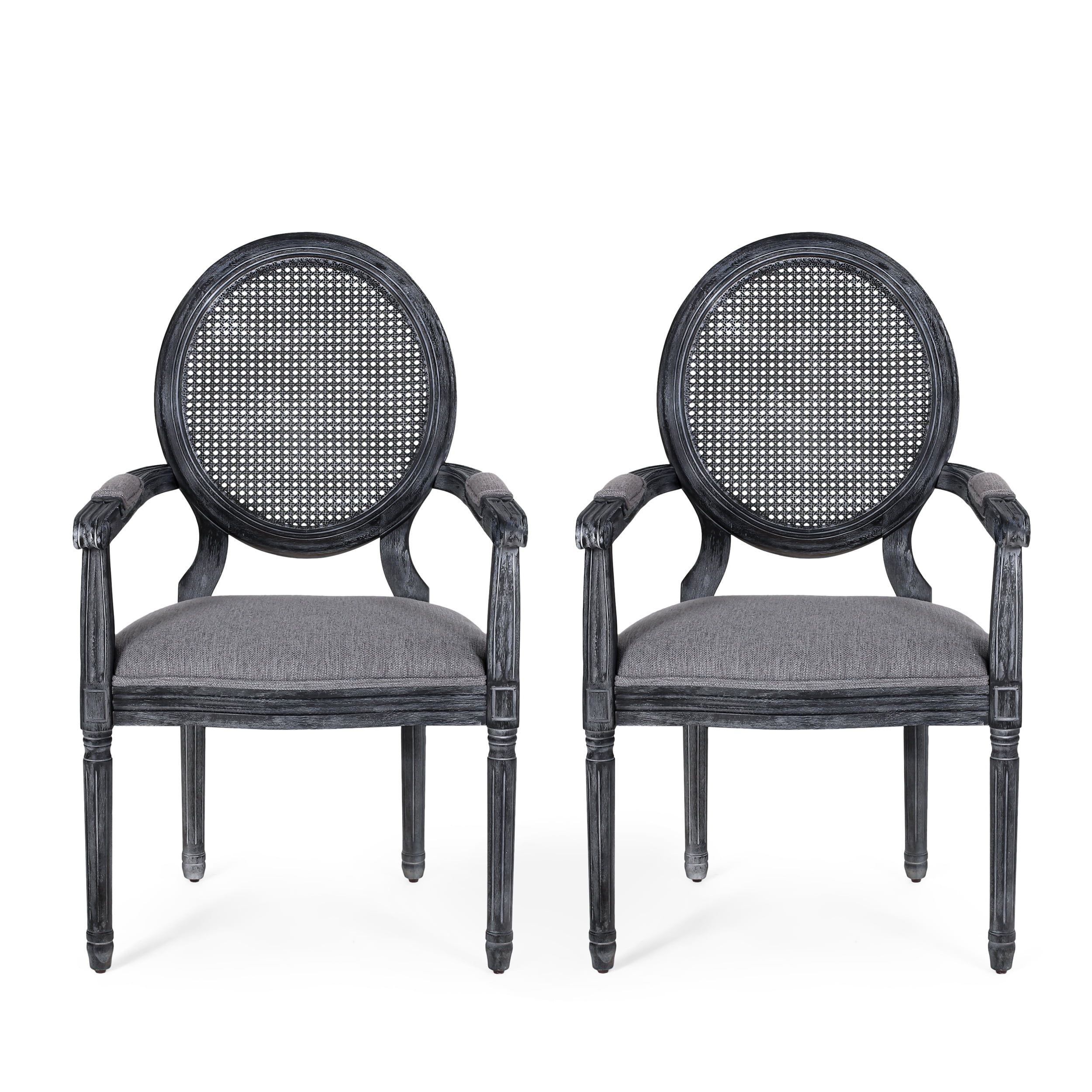 Elegant Gray Upholstered Cane Wood High-Back Arm Chair, Set of 2
