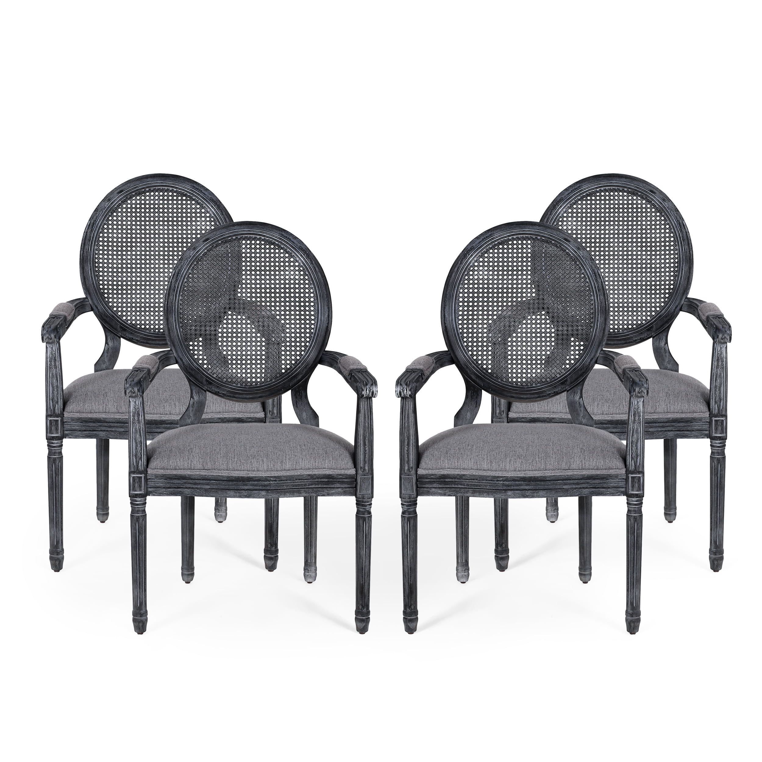 Gray High Back Upholstered Wood and Cane Arm Chair Set