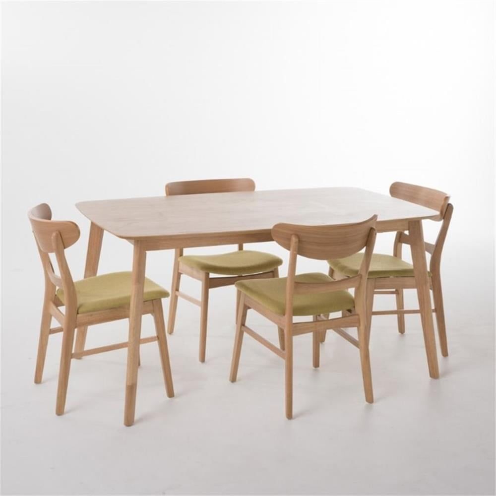 Natural Oak 5-Piece Dining Set with Green Fabric Seats