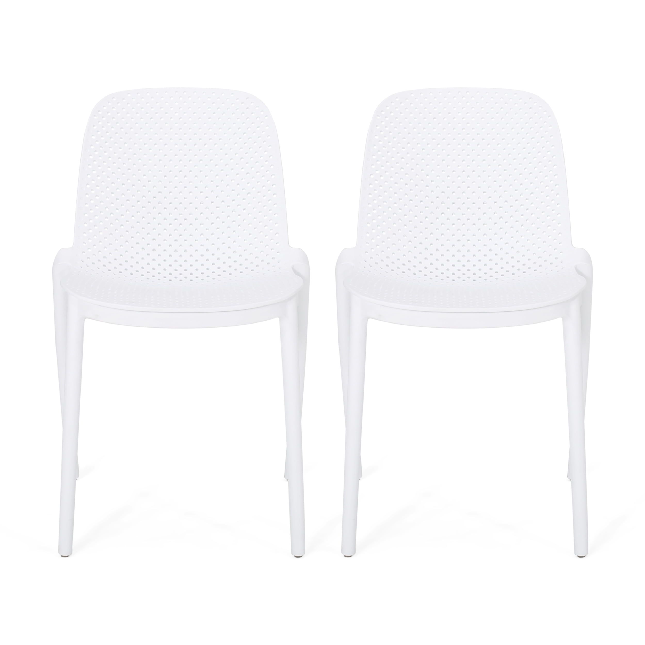 White Plastic Armless Stackable Dining Chairs, Set of 2