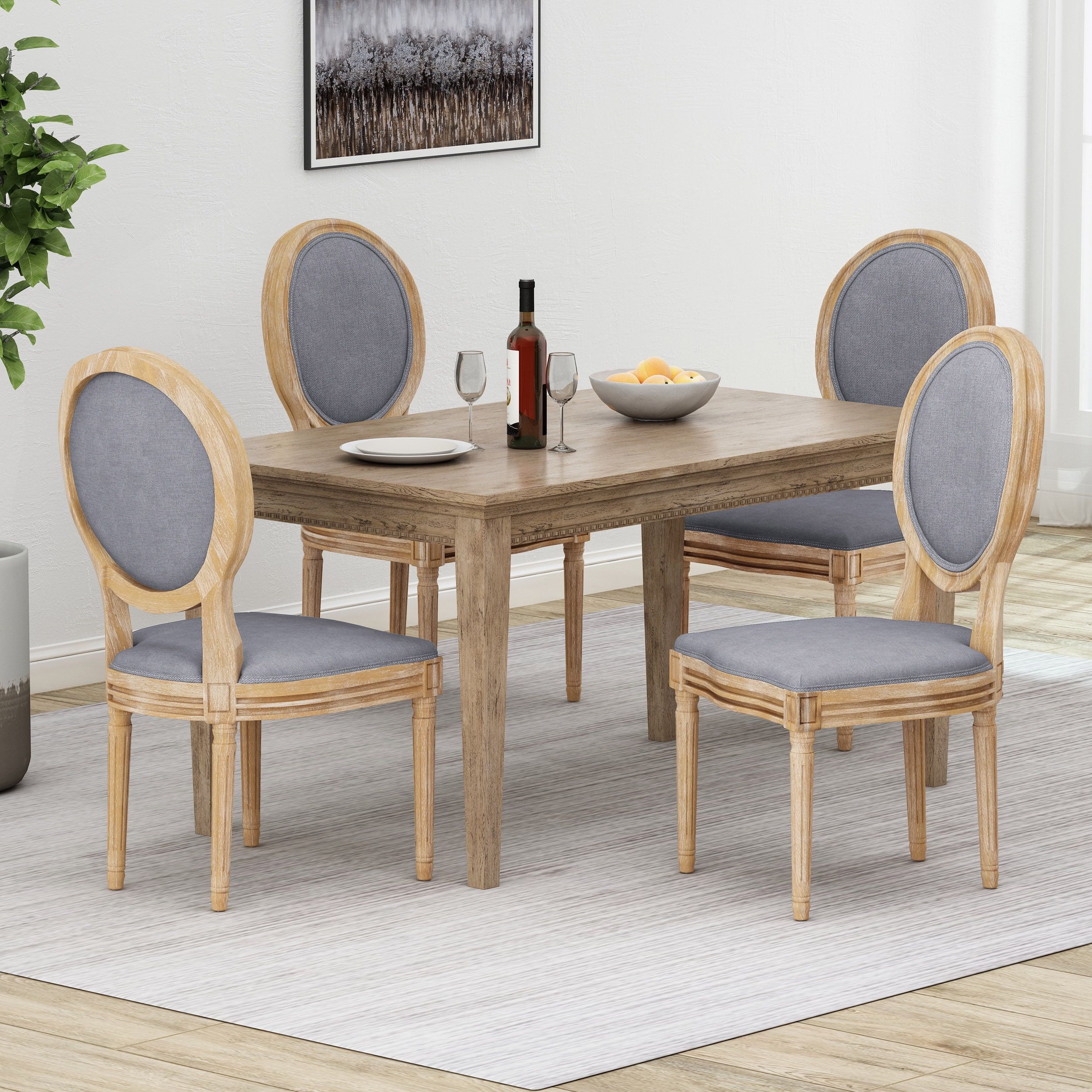 Elegant French Country Light Gray Upholstered Dining Chairs, Set of 4