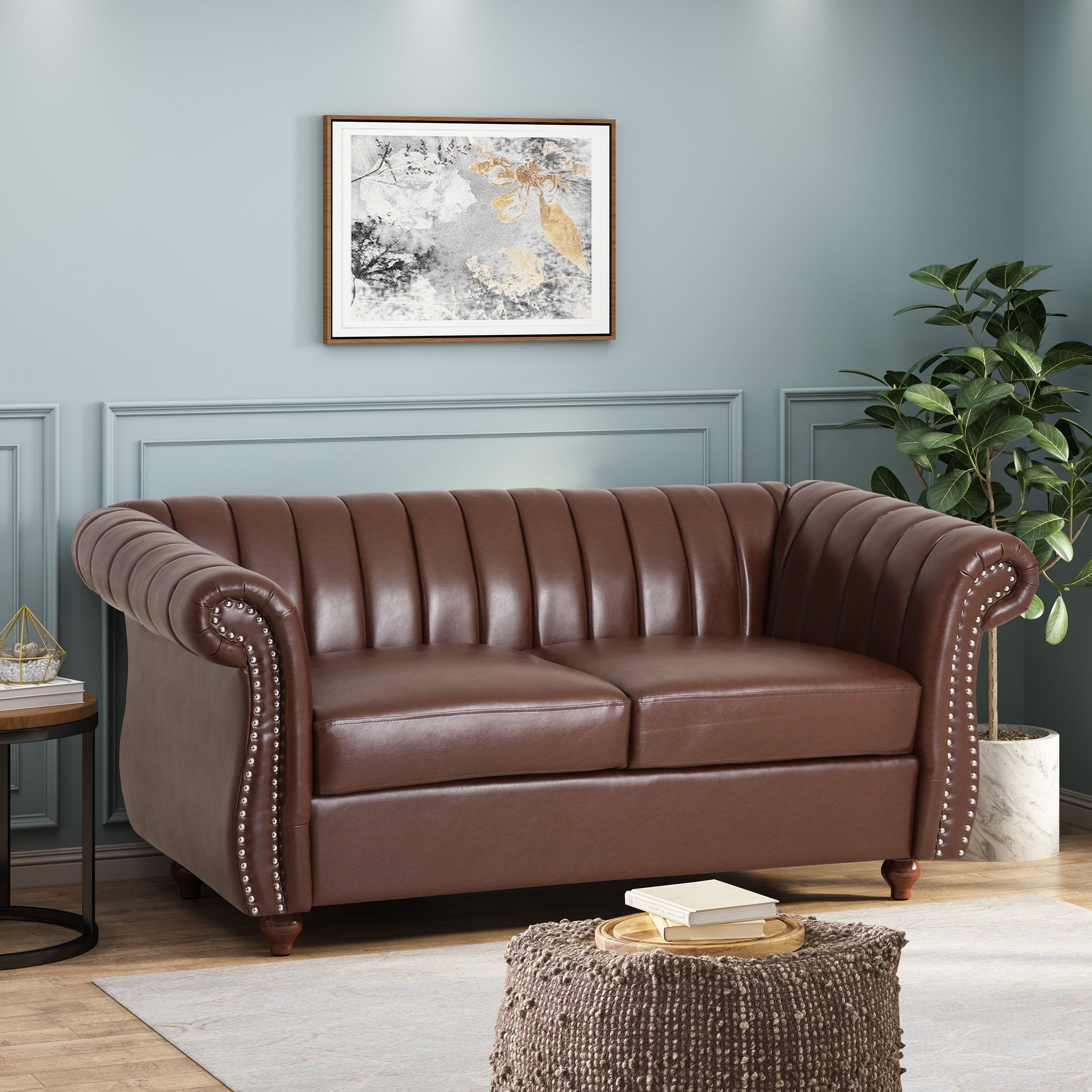 Elegant Dark Brown Faux Leather Loveseat with Espresso Wood Accents