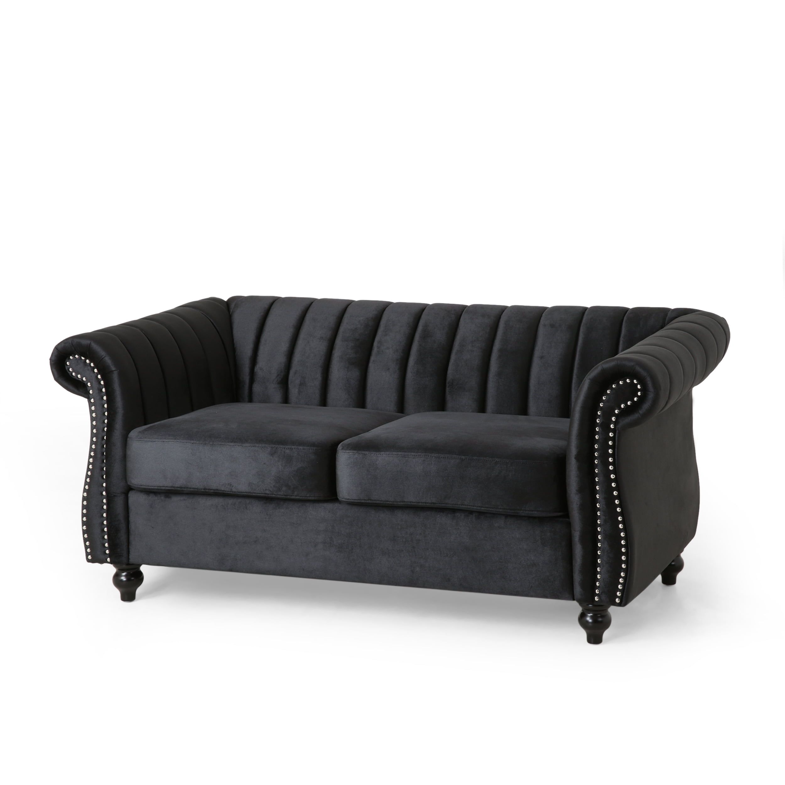 Elegant Black Velvet Tufted Loveseat with Nailhead Accents and Rolled Arms