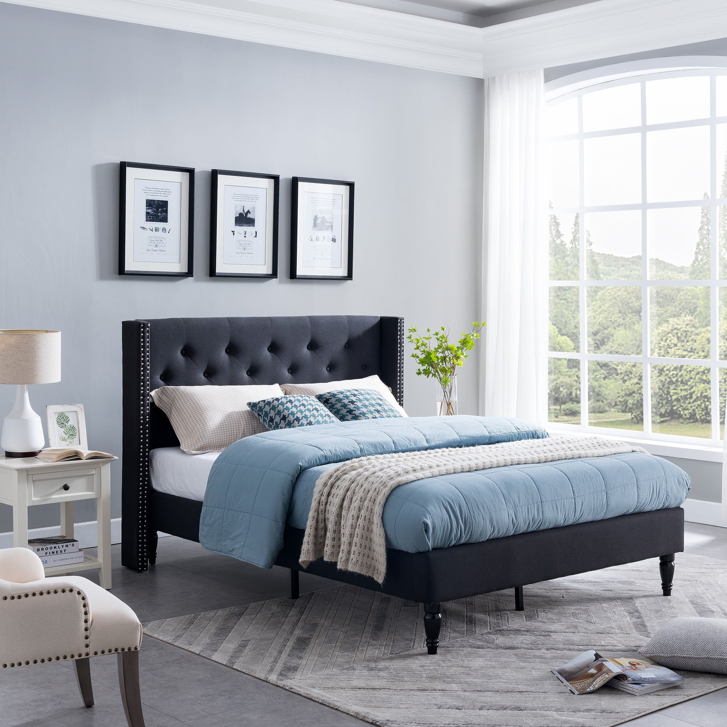 Queen Black Upholstered Wood Platform Bed with Tufted Headboard