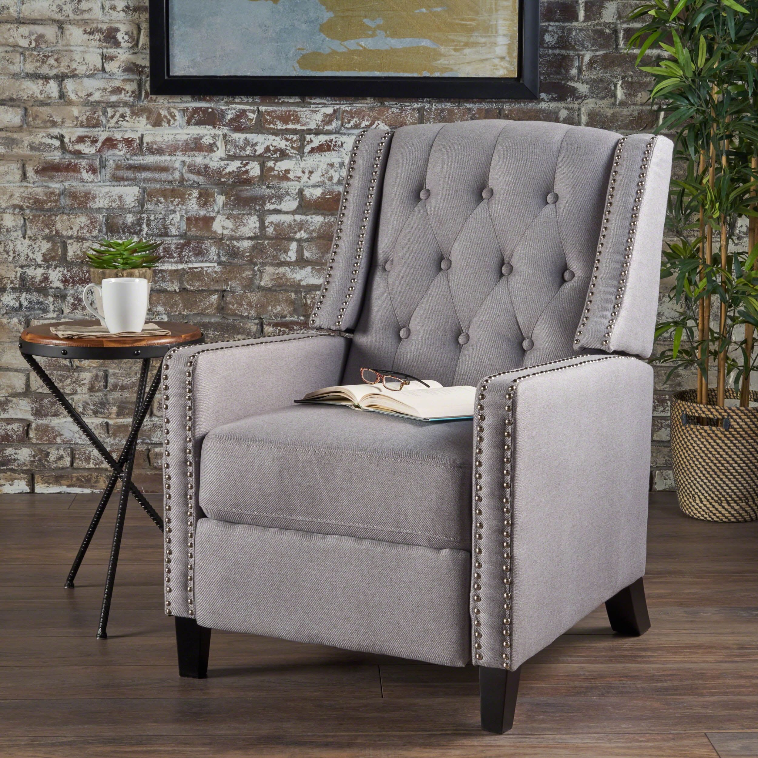 Handcrafted Gray Wood Tufted Recliner Chair