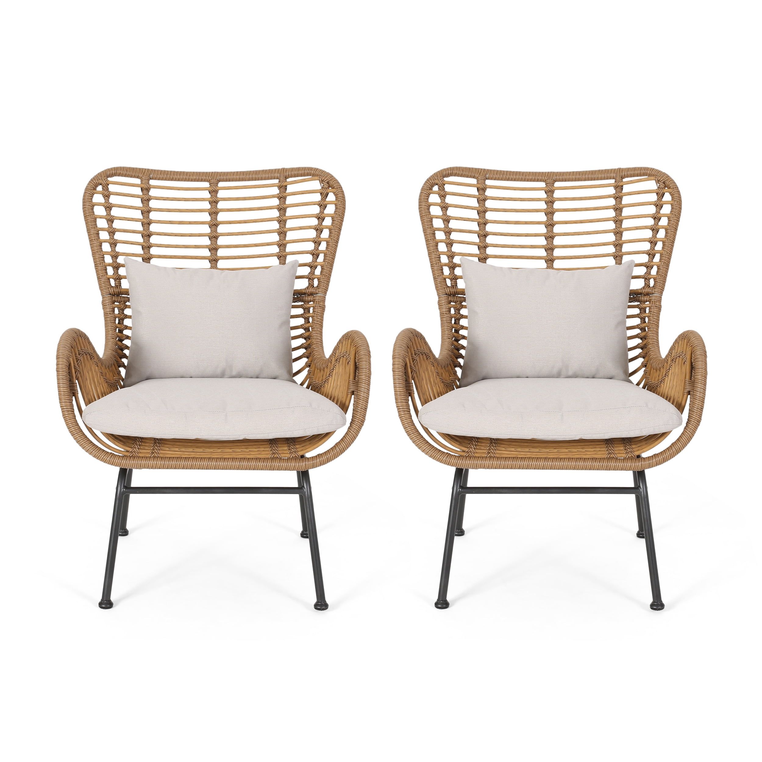 Sleek Modern Rattan Club Chairs with Cushions, Light Brown, Set of 2