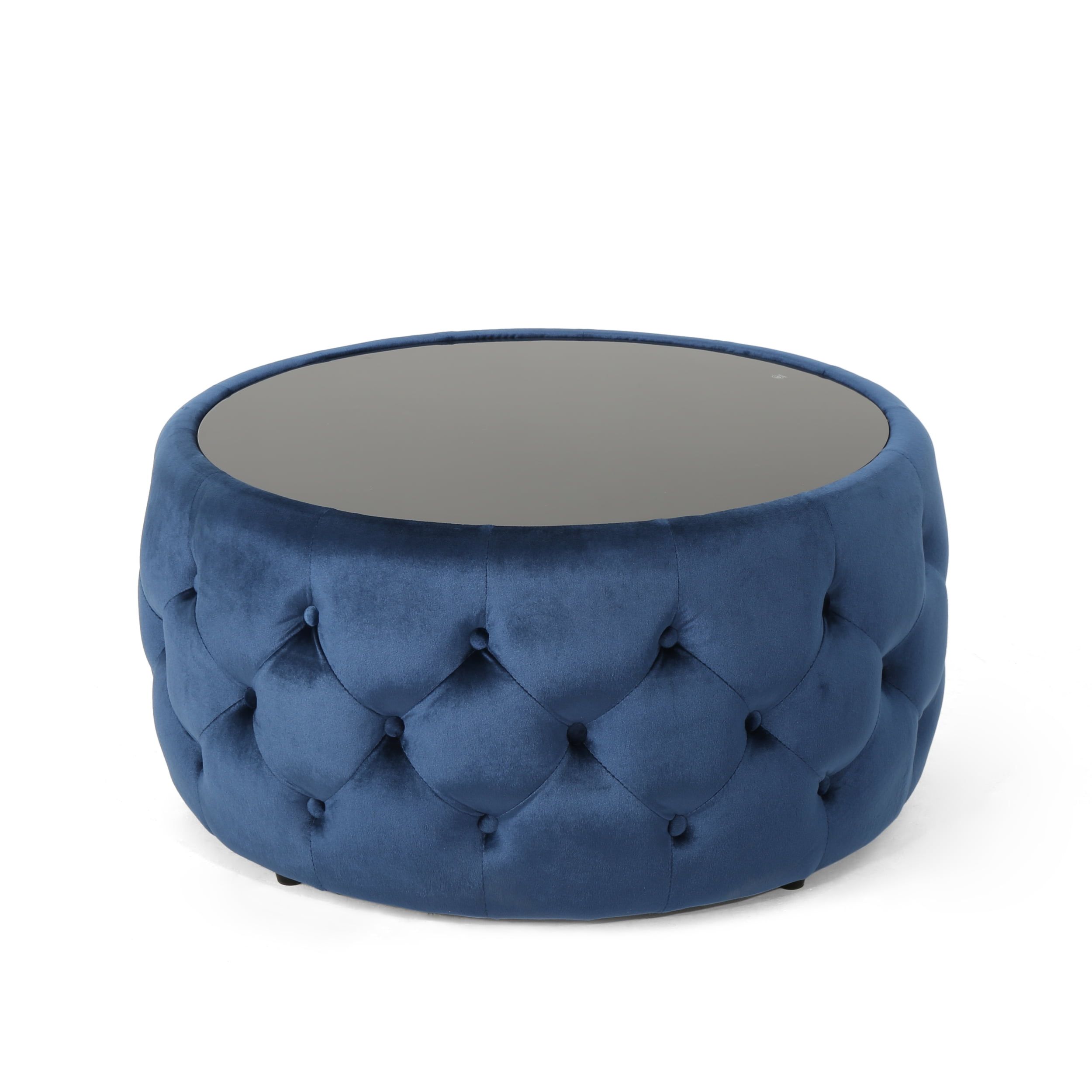 Cobalt Blue Velvet Round Coffee Table with Glass Top