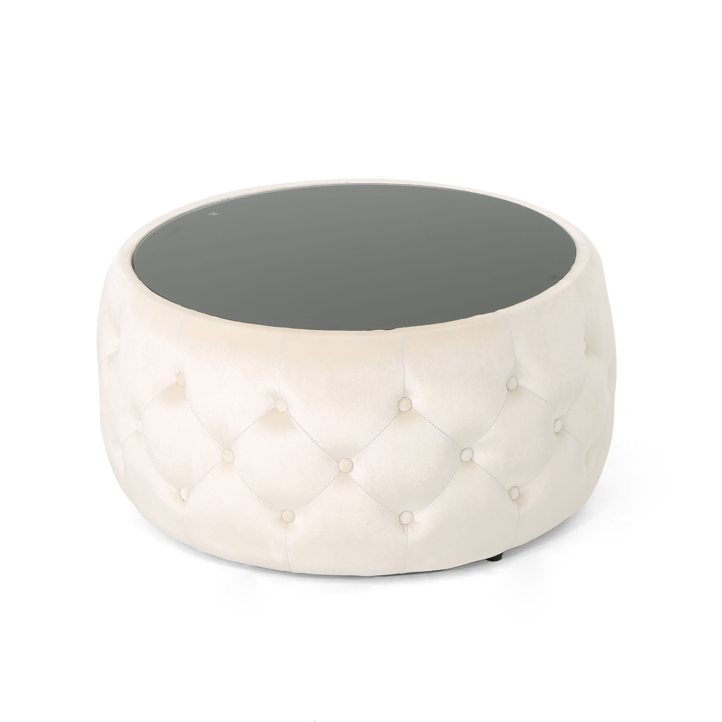 Elegant Round Beige Velvet & Glass Ottoman Coffee Table