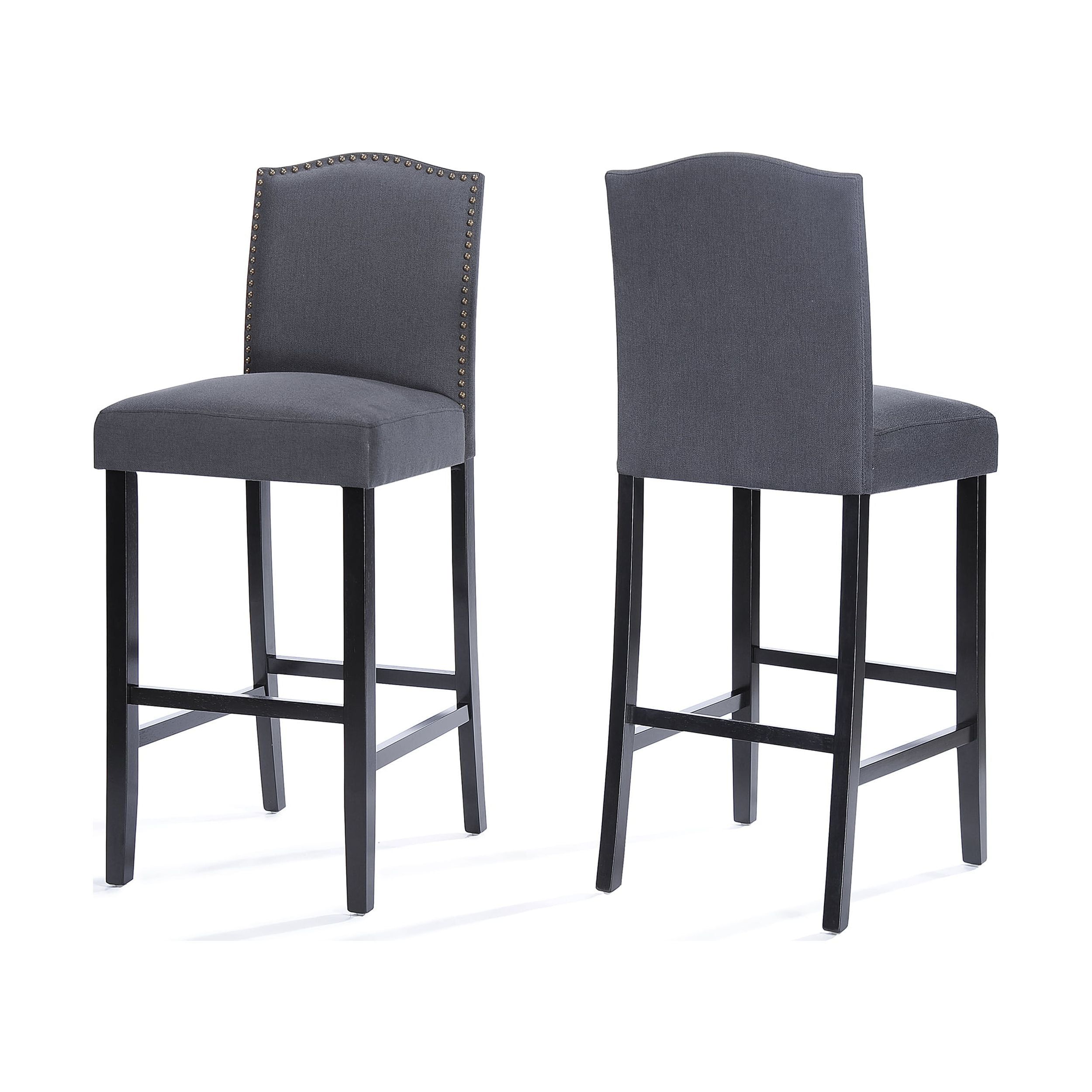 Walnut Finish Gray Fabric Upholstered Barstool Set with Nailhead Trim