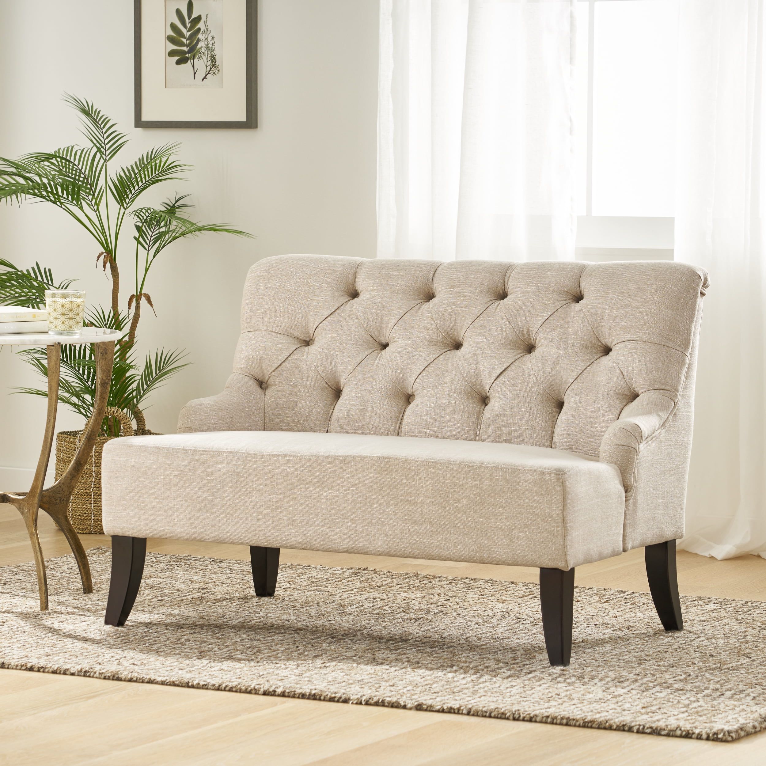 Light Beige Tufted Fabric Settee with Dark Brown Birch Legs