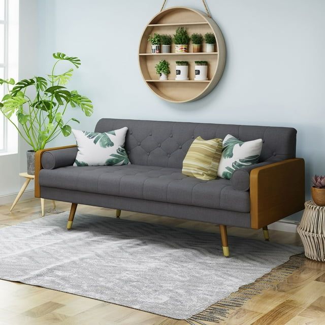 Gray Tufted Fabric 3-Seater Sofa with Walnut Wood Accents