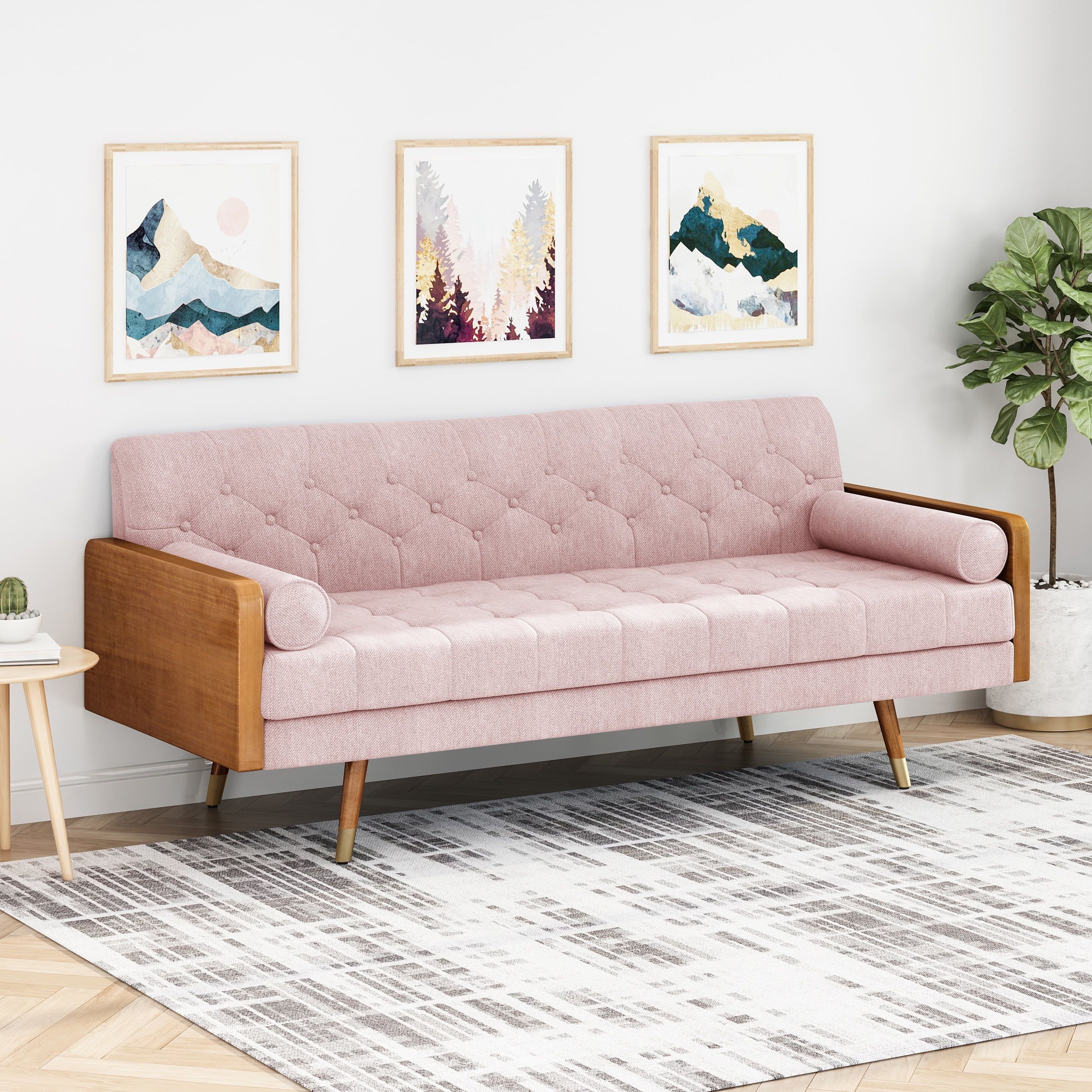 Light Blush Tufted Fabric Sofa with Walnut Wood Frame