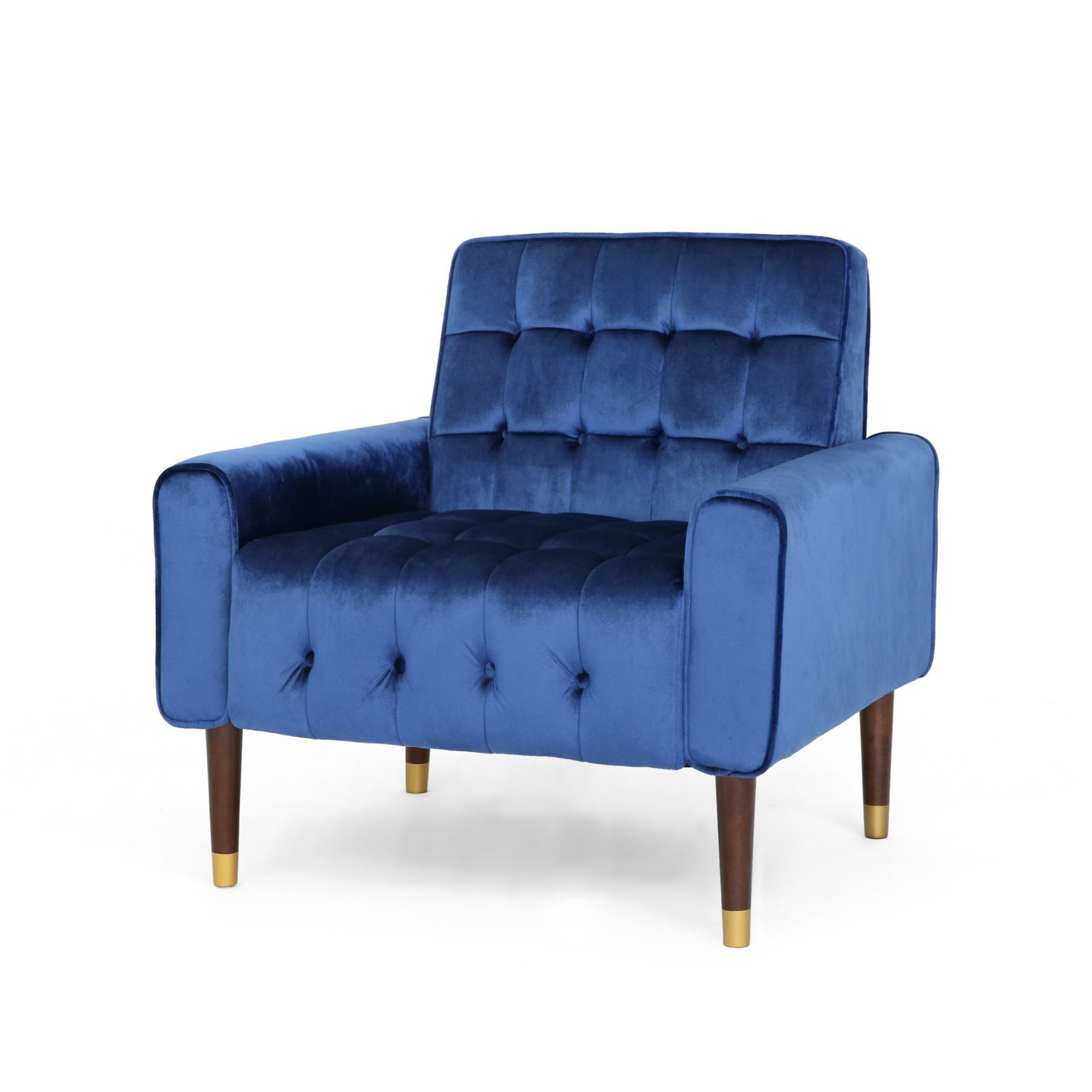 33" Dark Blue Velvet and Espresso Wood Square Arm Accent Chair