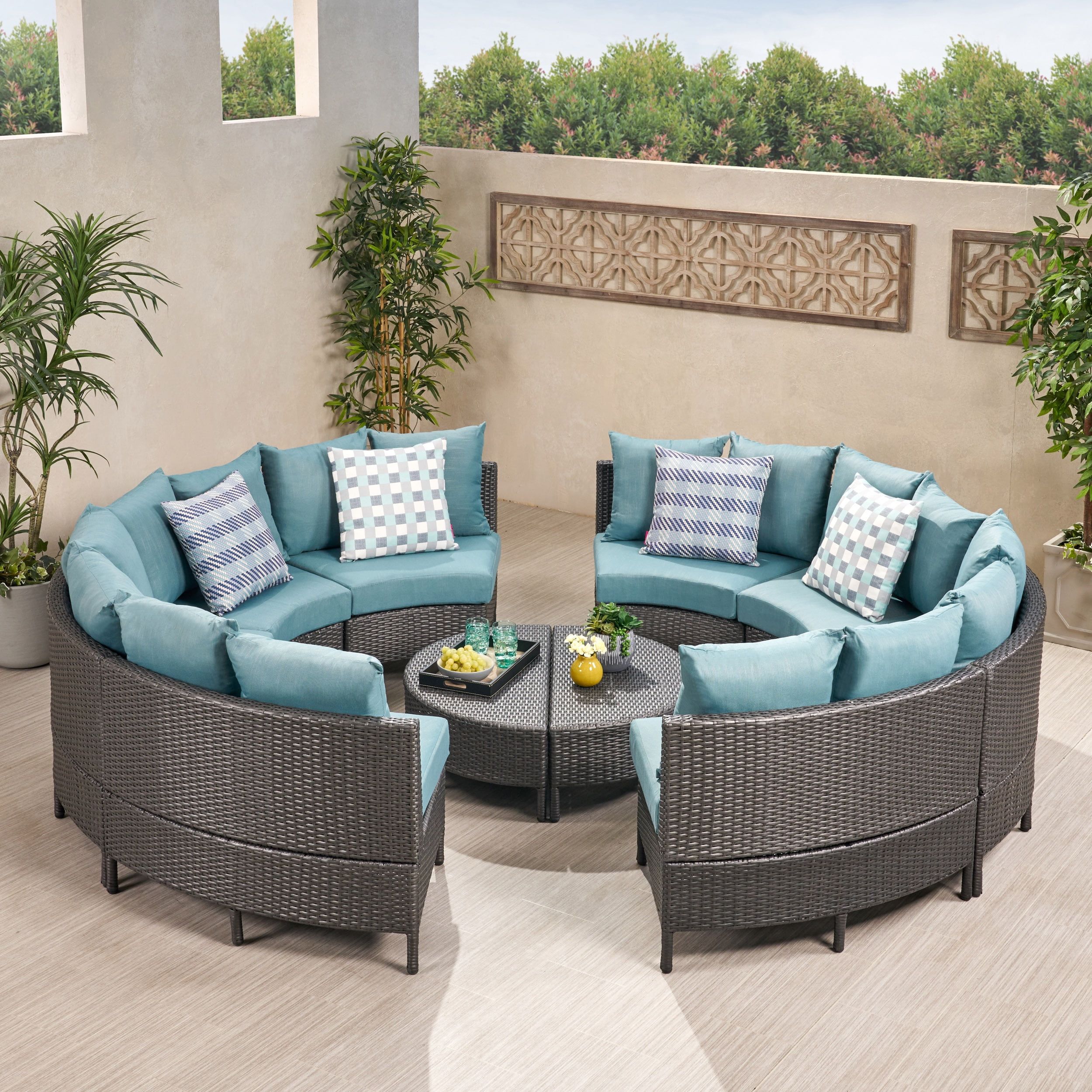 Gray Iron 8-Seater Round Wicker Sectional Sofa with Teal Cushions