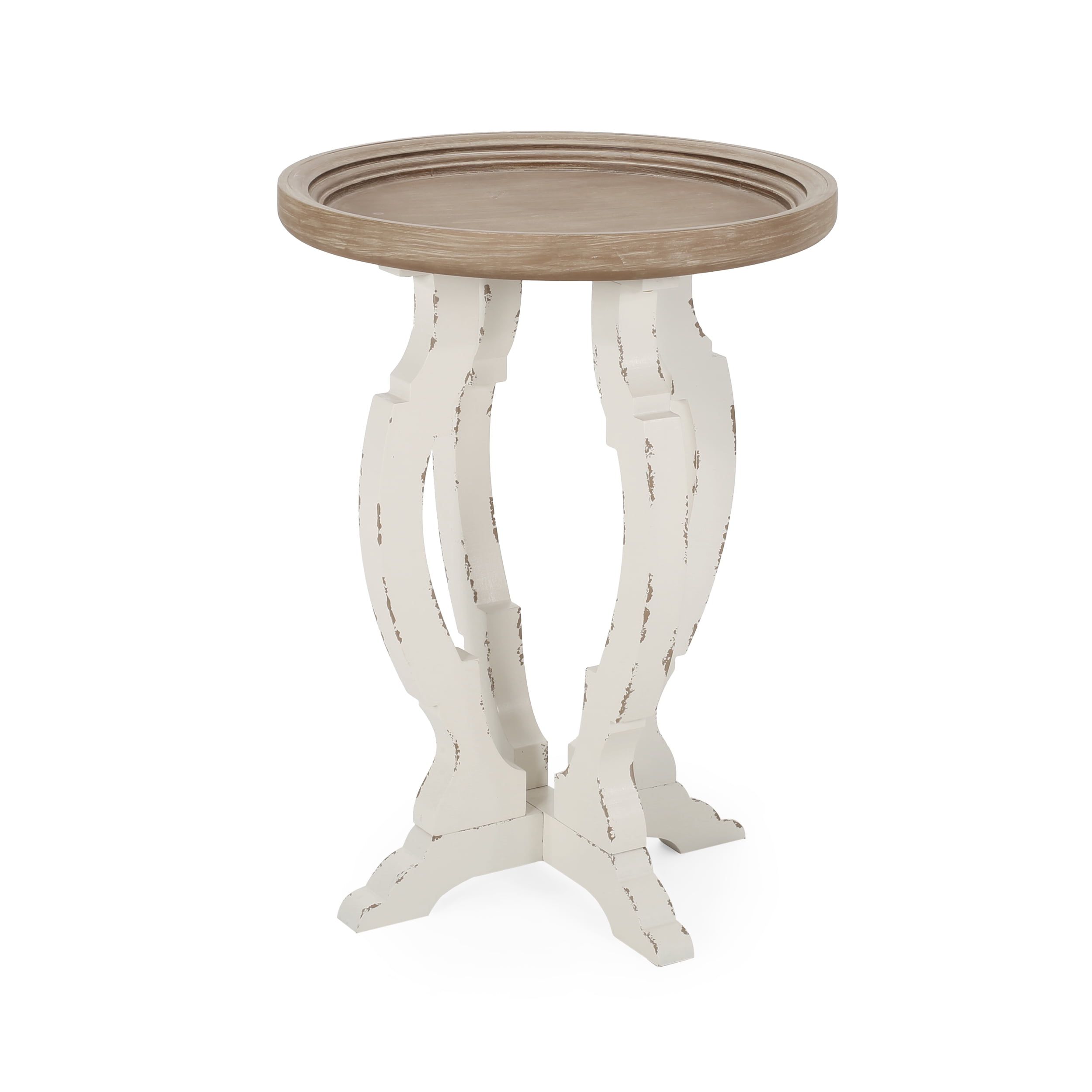 Elegant French Country Round Wood Accent Table in Distressed White