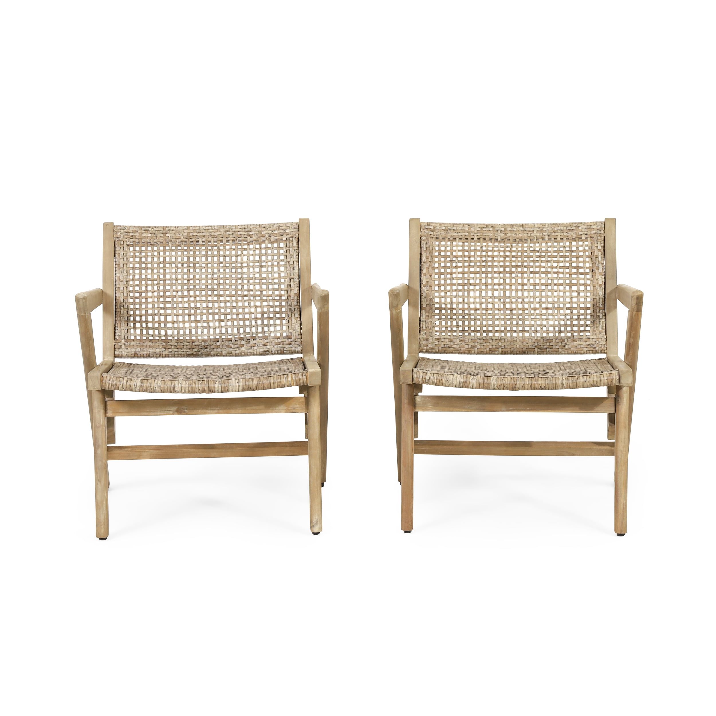 Rustic Acacia Wood and Wicker Outdoor Dining Chair, Light Brown, Set of 2