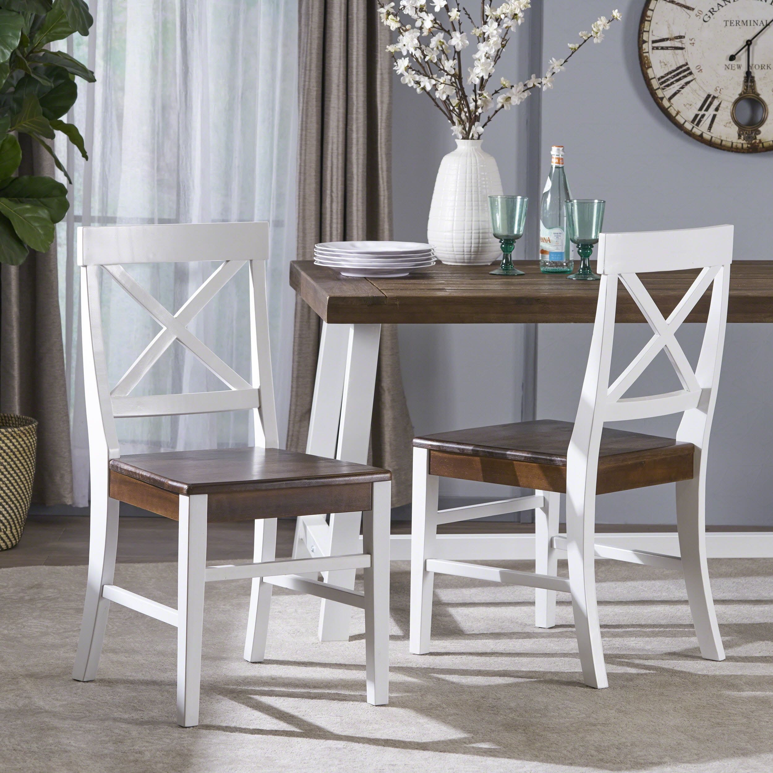 White and Walnut Cross Back Farmhouse Dining Chairs