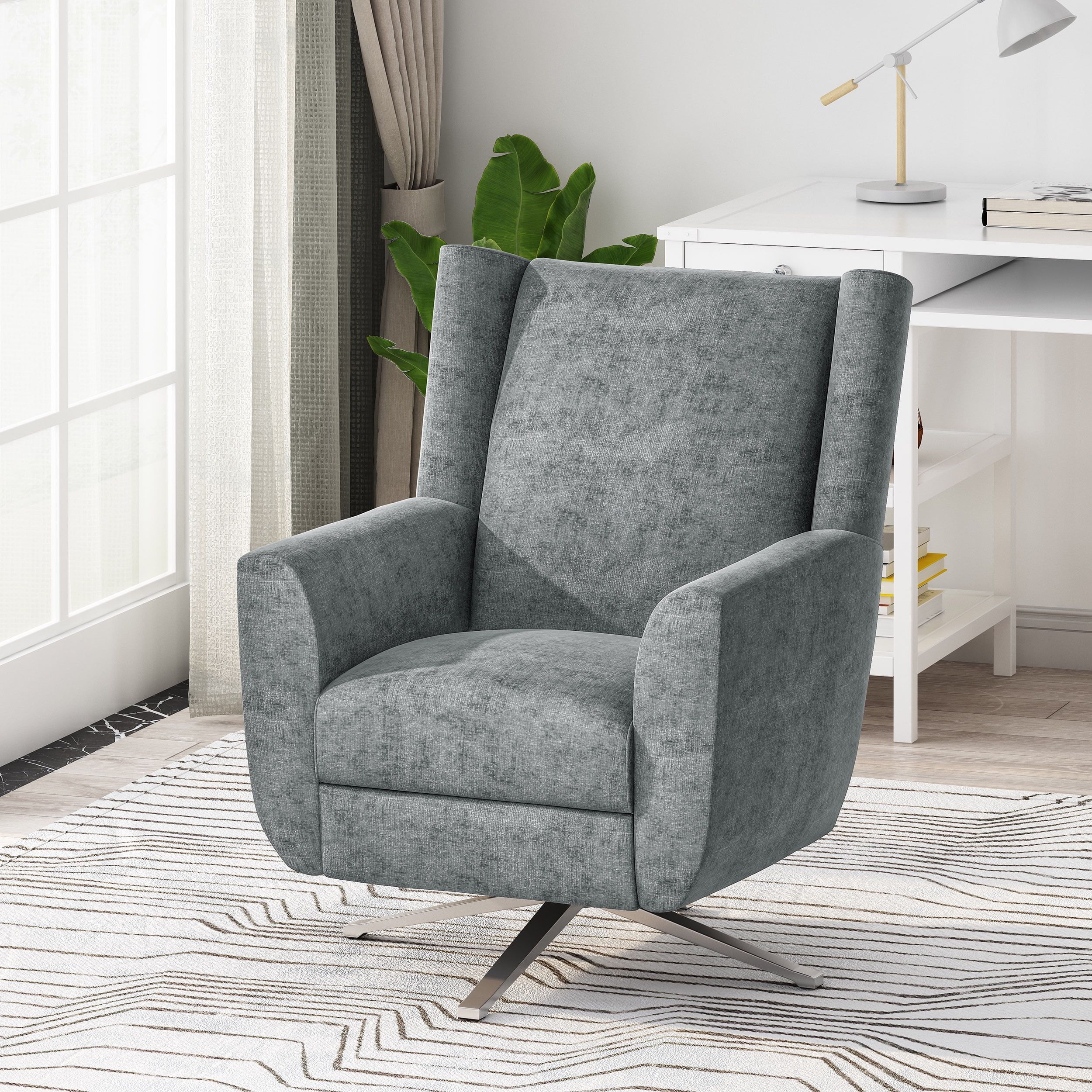 Swivel Slope Arm Club Chair in Plush Gray Fabric and Metal Frame