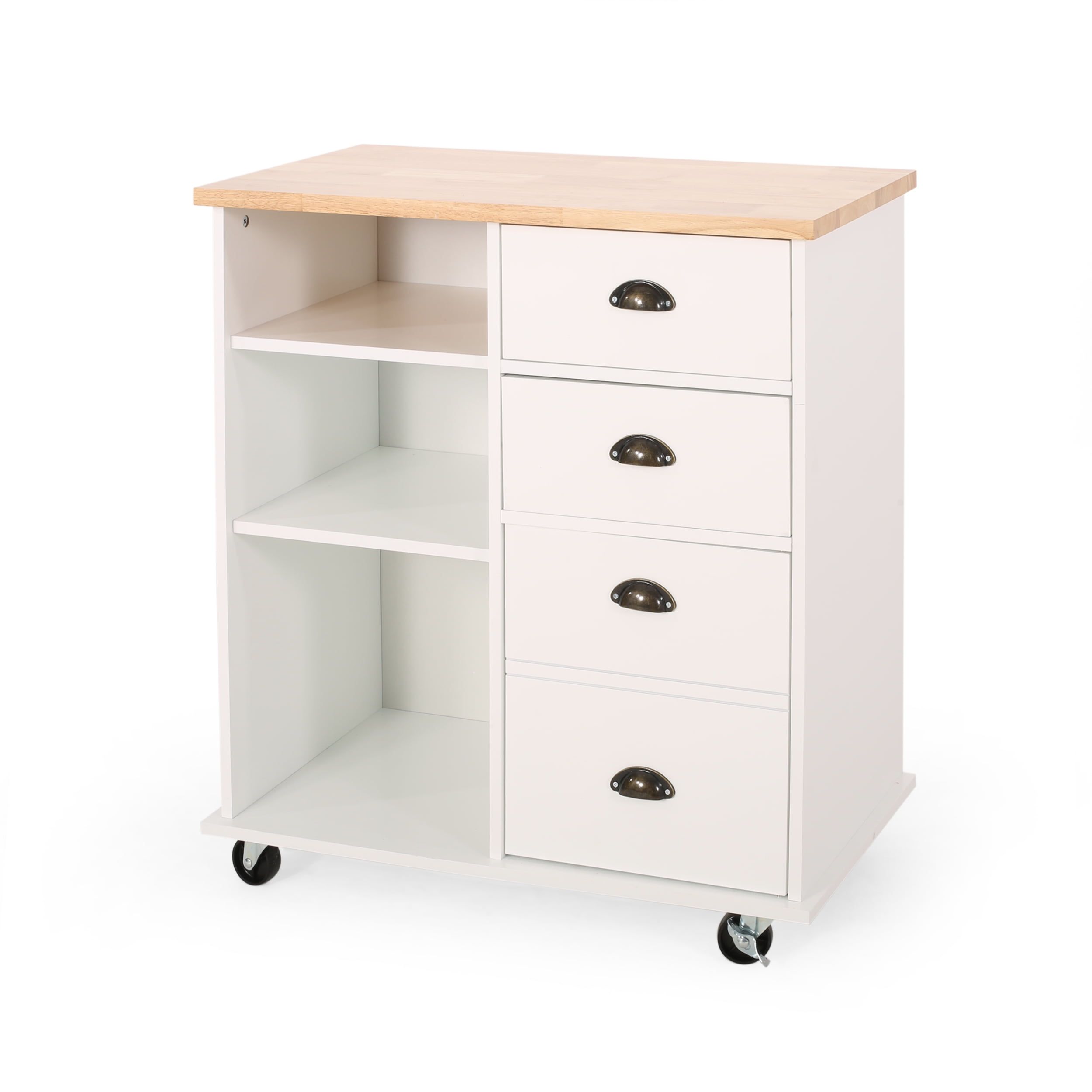 Contemporary Rectangular Rubberwood Kitchen Cart with Storage, White & Natural