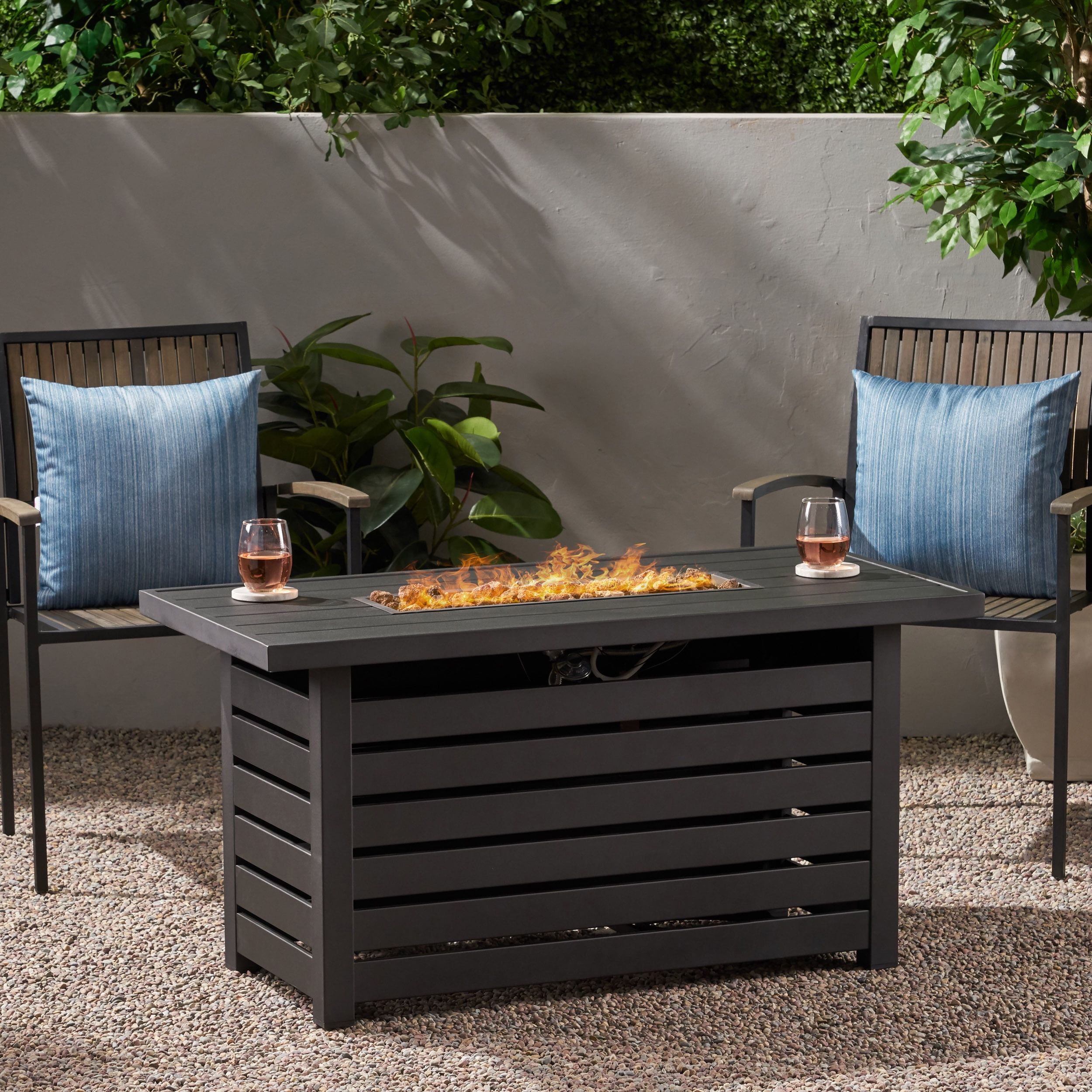 Sleek Rectangular Black Metal Gas Fire Pit Table, 30,000 BTU